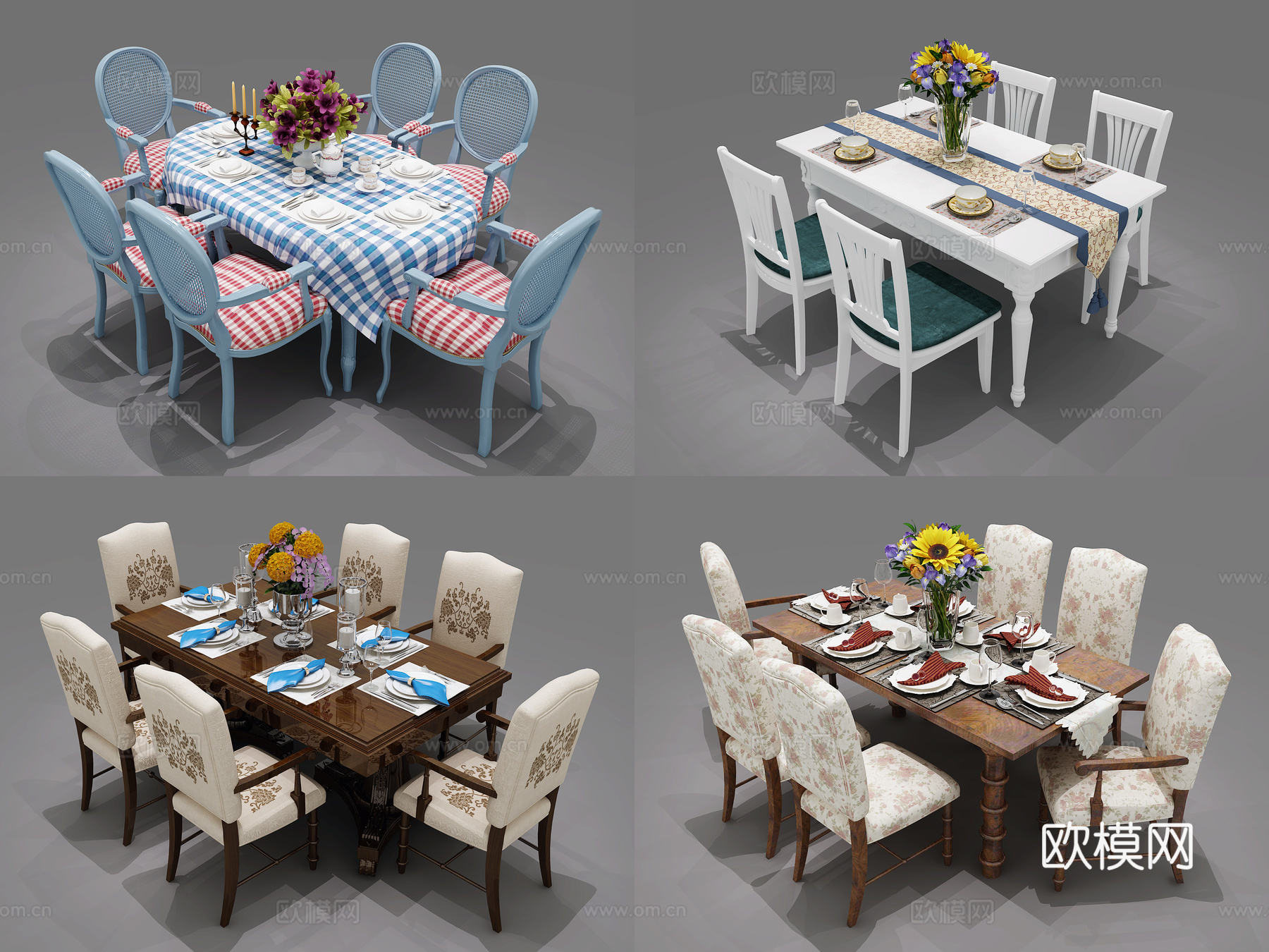 地中海田园餐桌椅组合 地中海餐桌椅组合 美式餐桌椅组合3d模型下载