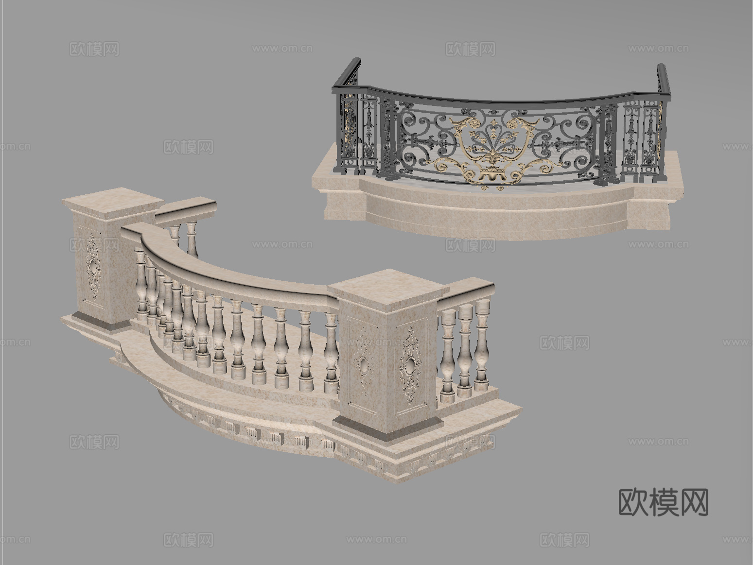 欧式宝瓶柱栏杆 铁艺栏杆 围栏 阳台护栏su模型
