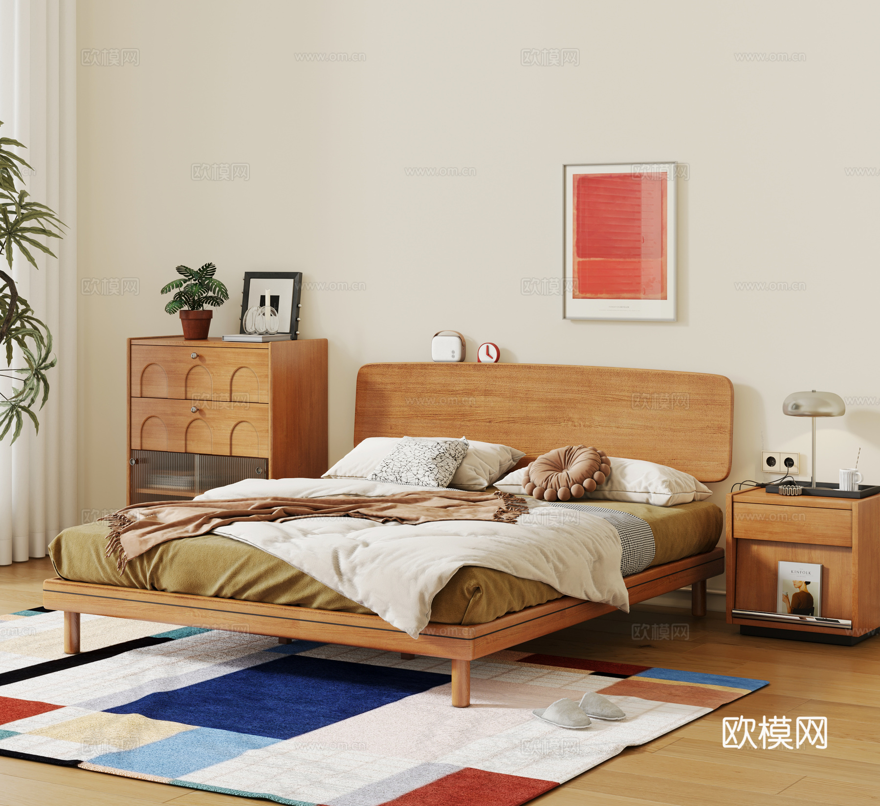 原木风双人床 实木双人床 中古风双人床 床头柜3d模型下载（渲染图1）