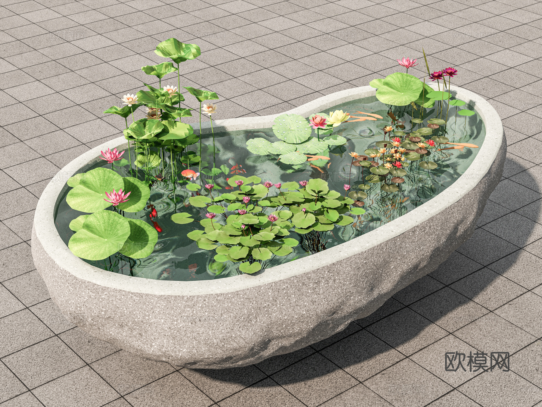 中式庭院小品 中式景观鱼池 花池 荷叶景观3d模型下载