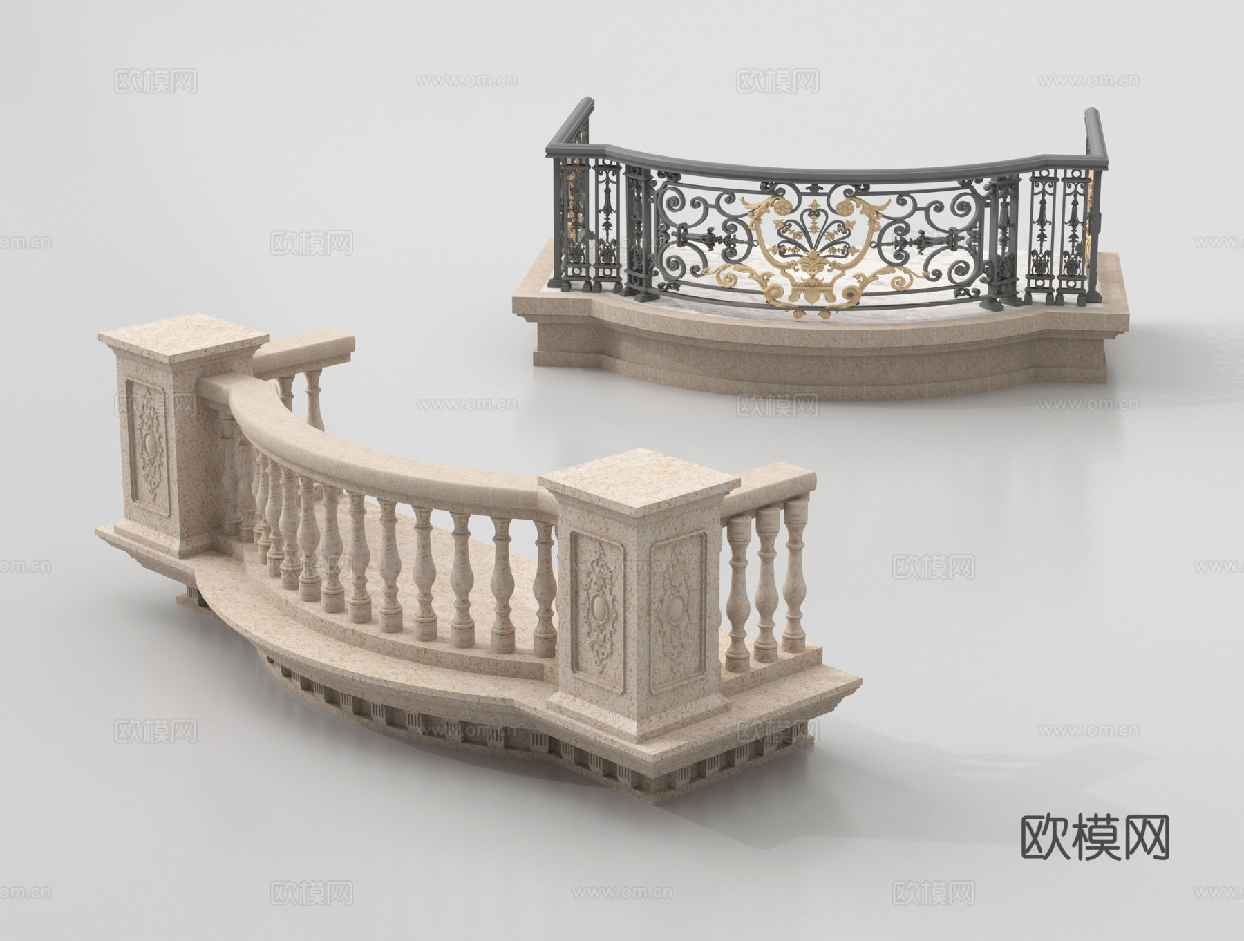 欧式宝瓶柱栏杆 铁艺栏杆 围栏 阳台护栏su模型