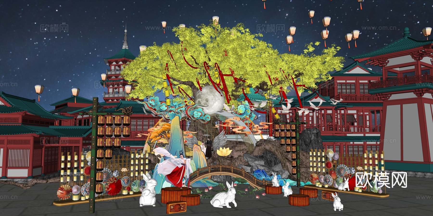 网红打卡国潮古风非遗文化中秋节su模型