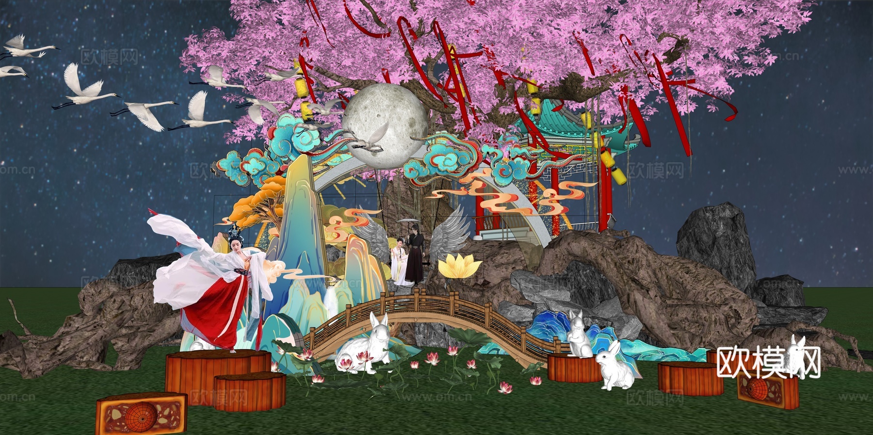 网红打卡国潮古风非遗文化中秋节su模型