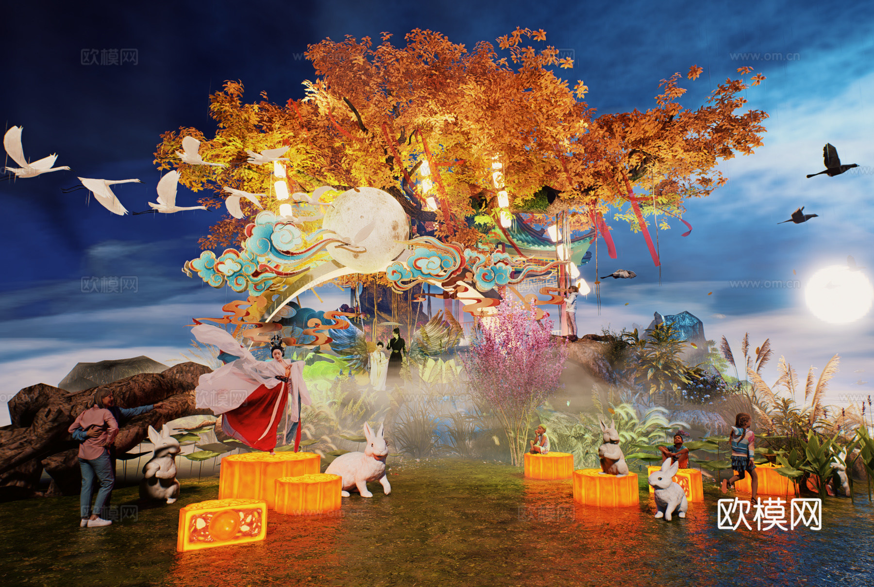 网红打卡国潮古风非遗文化中秋节su模型