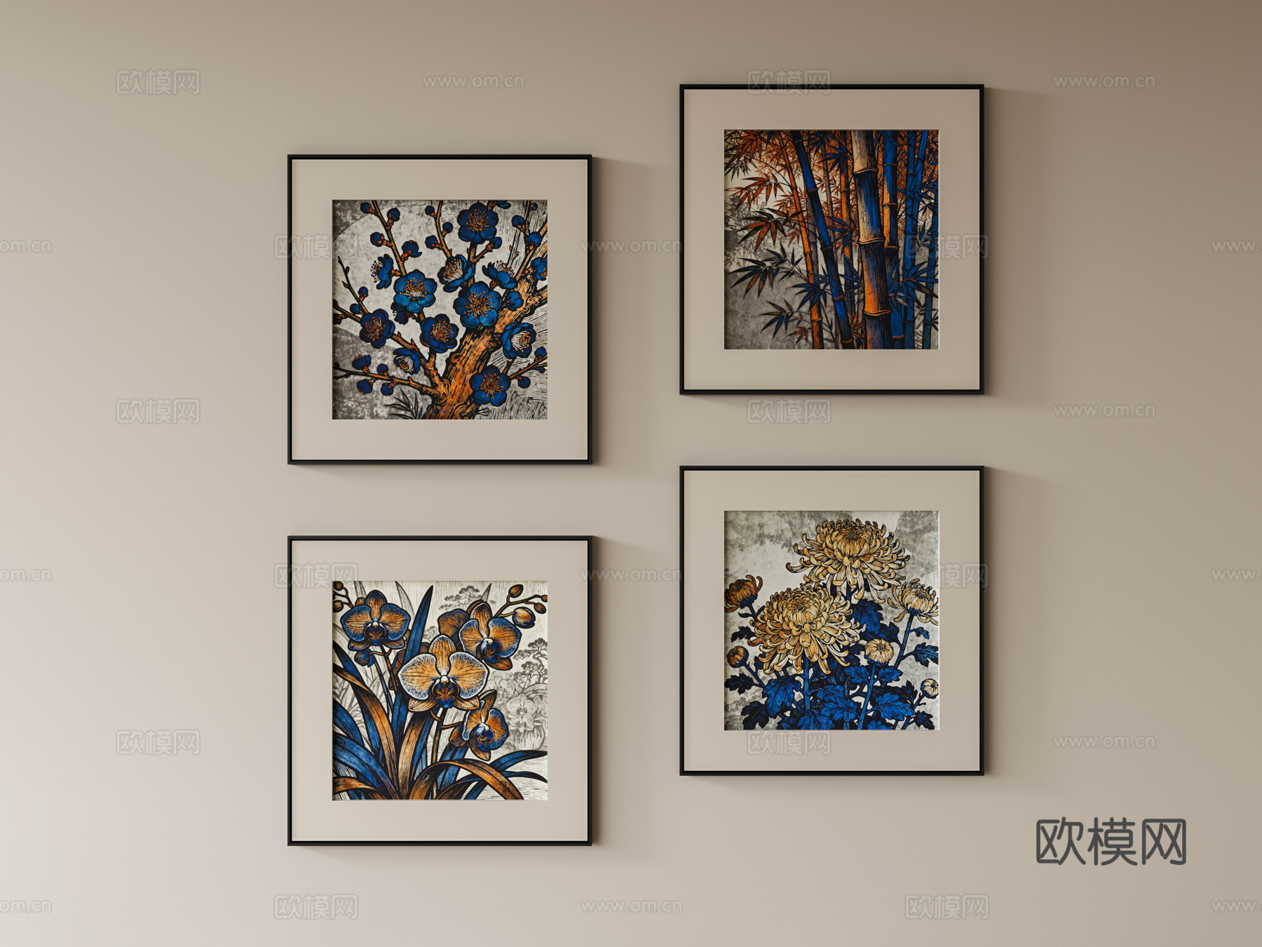 新中式植物挂画组合画su模型