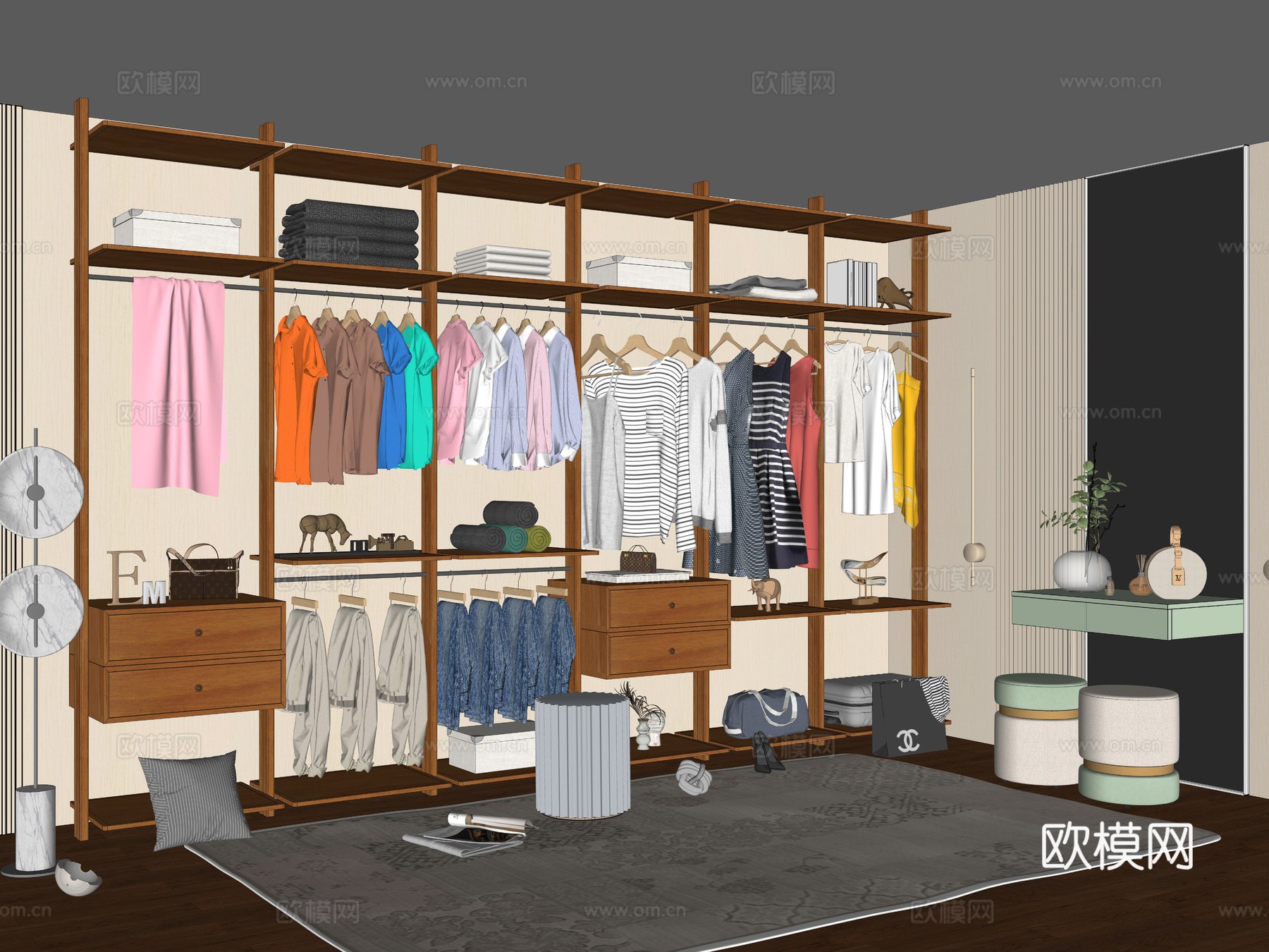 现代简约风格衣柜 原木开放式衣帽间 步入式衣帽间su模型