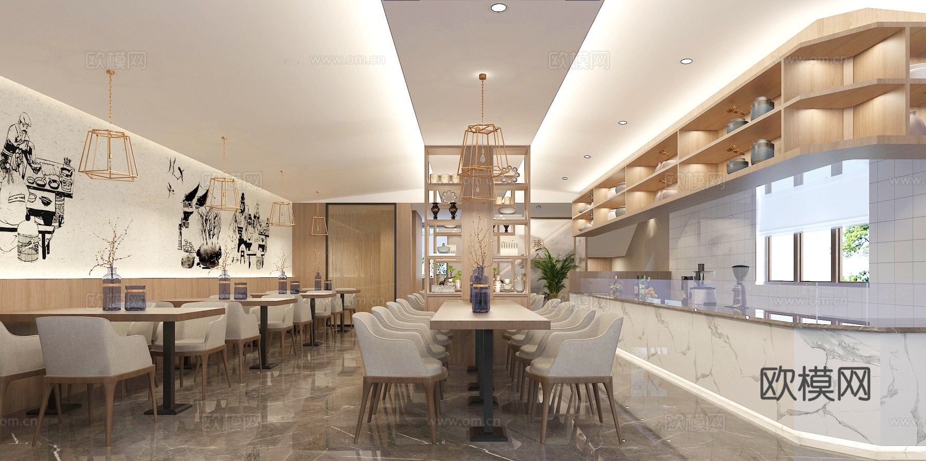 现代餐厅 餐桌椅形象墙 柜子 吊灯 书架3d模型下载（渲染图1）