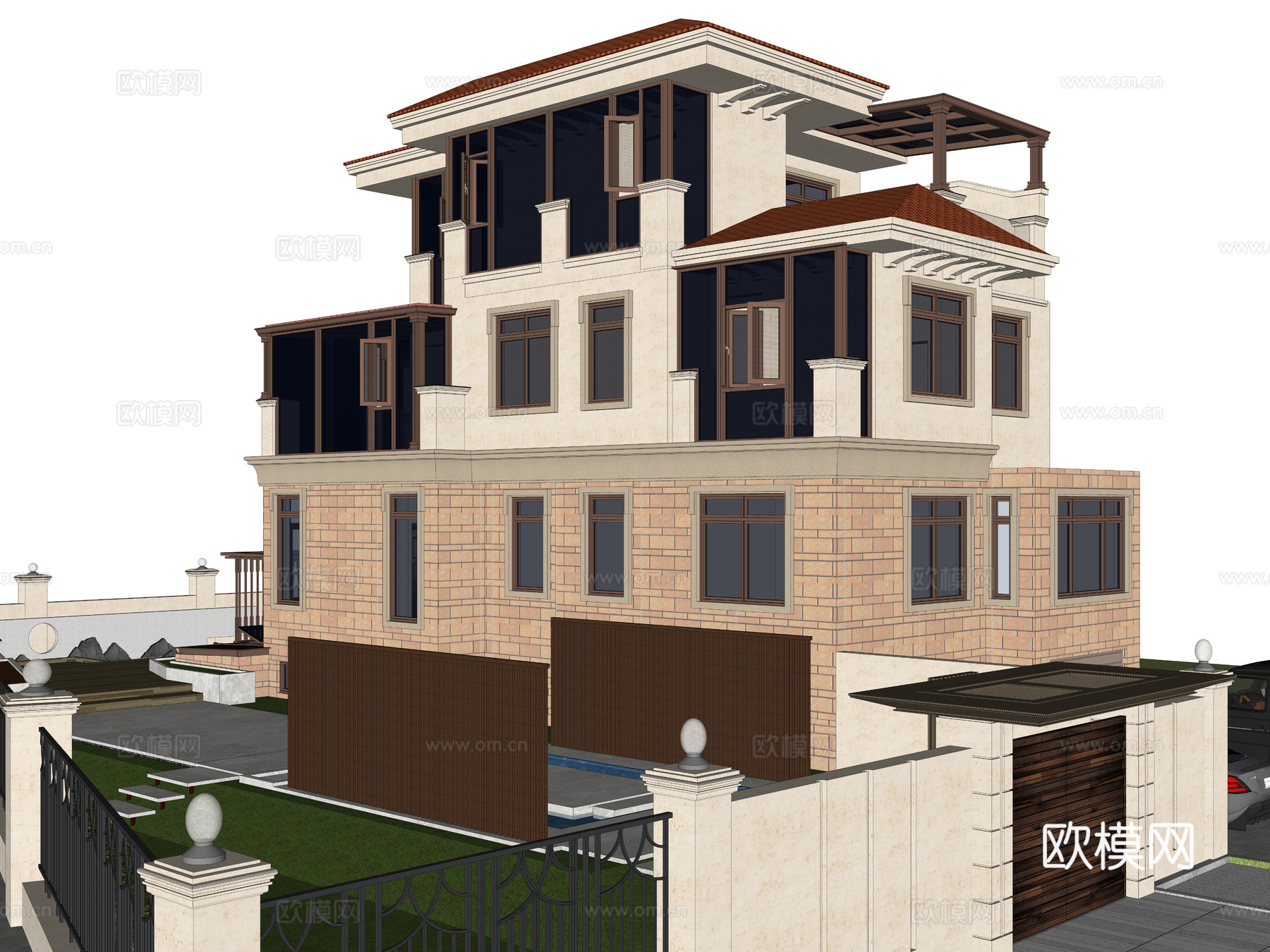 现代独栋别墅外观 三层独栋别墅 现代自建别墅 庭院景观别墅su模型