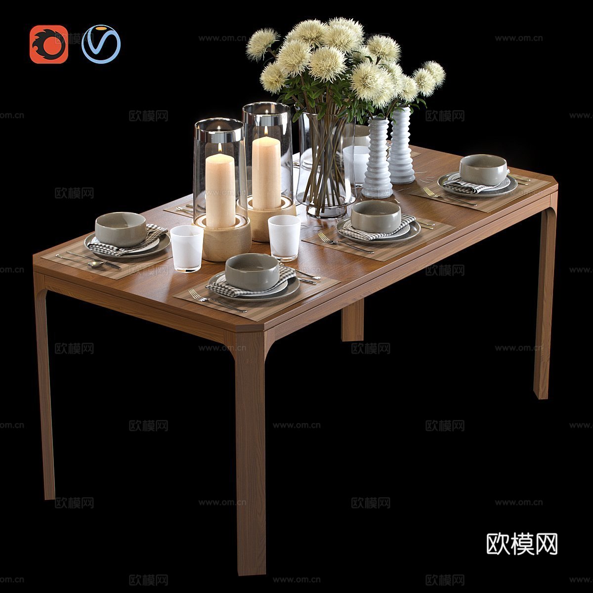 带填充物与花束的餐桌3d模型下载