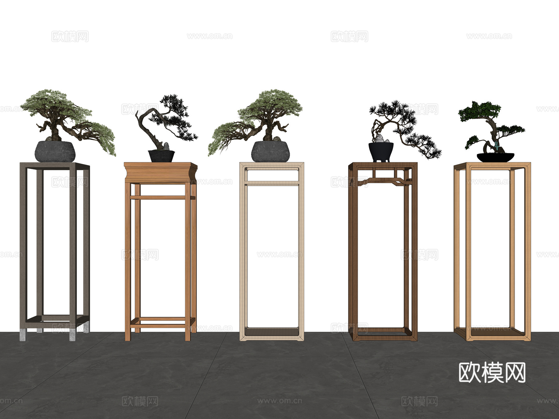 新中式花几花架 新中式植物盘栽 盘栽盘景绿植 实木花架 花几su模型
