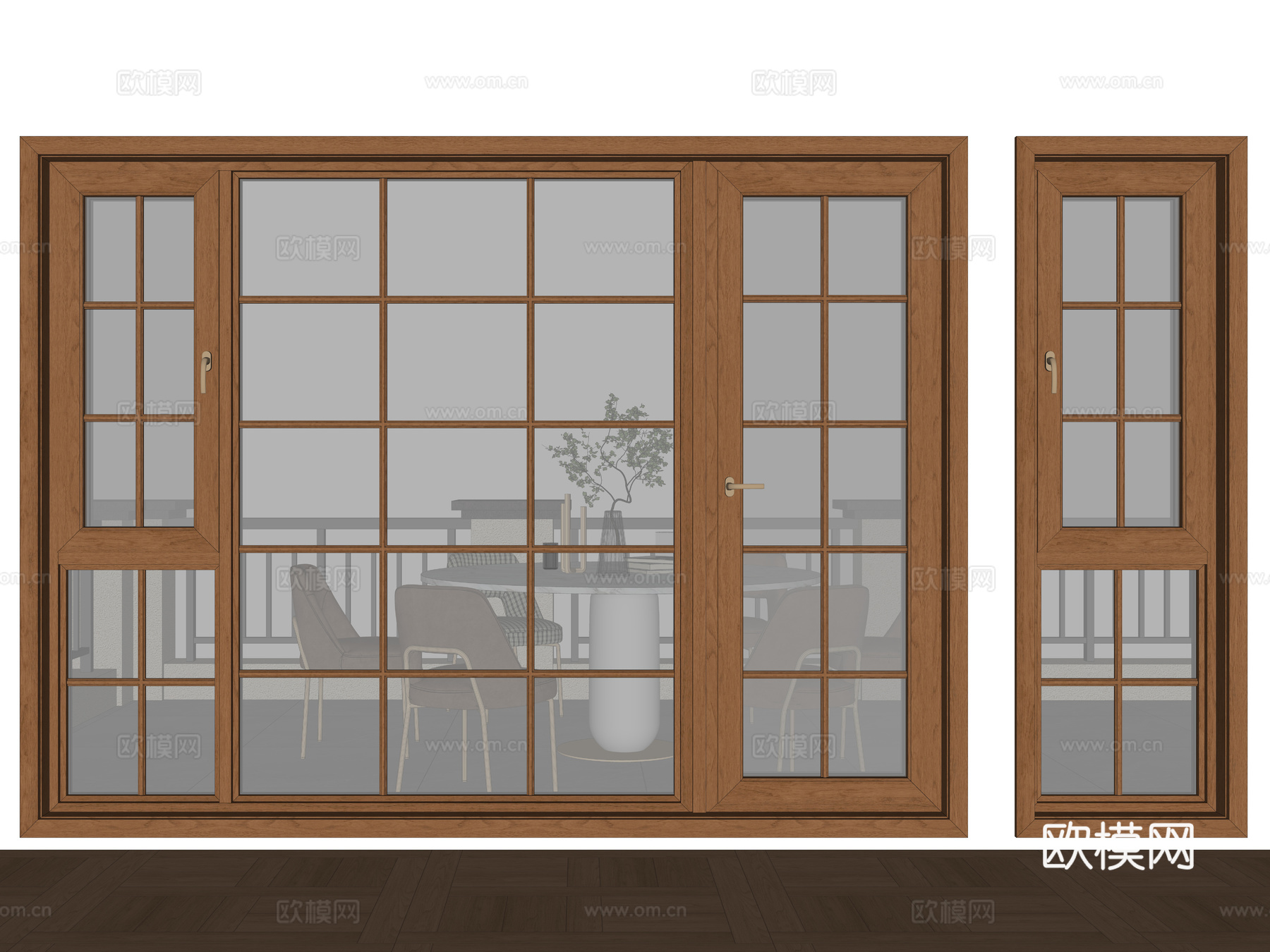 现代门联窗组合 实木格条窗户 铝木平开窗 内开内倒窗 断桥铝su模型
