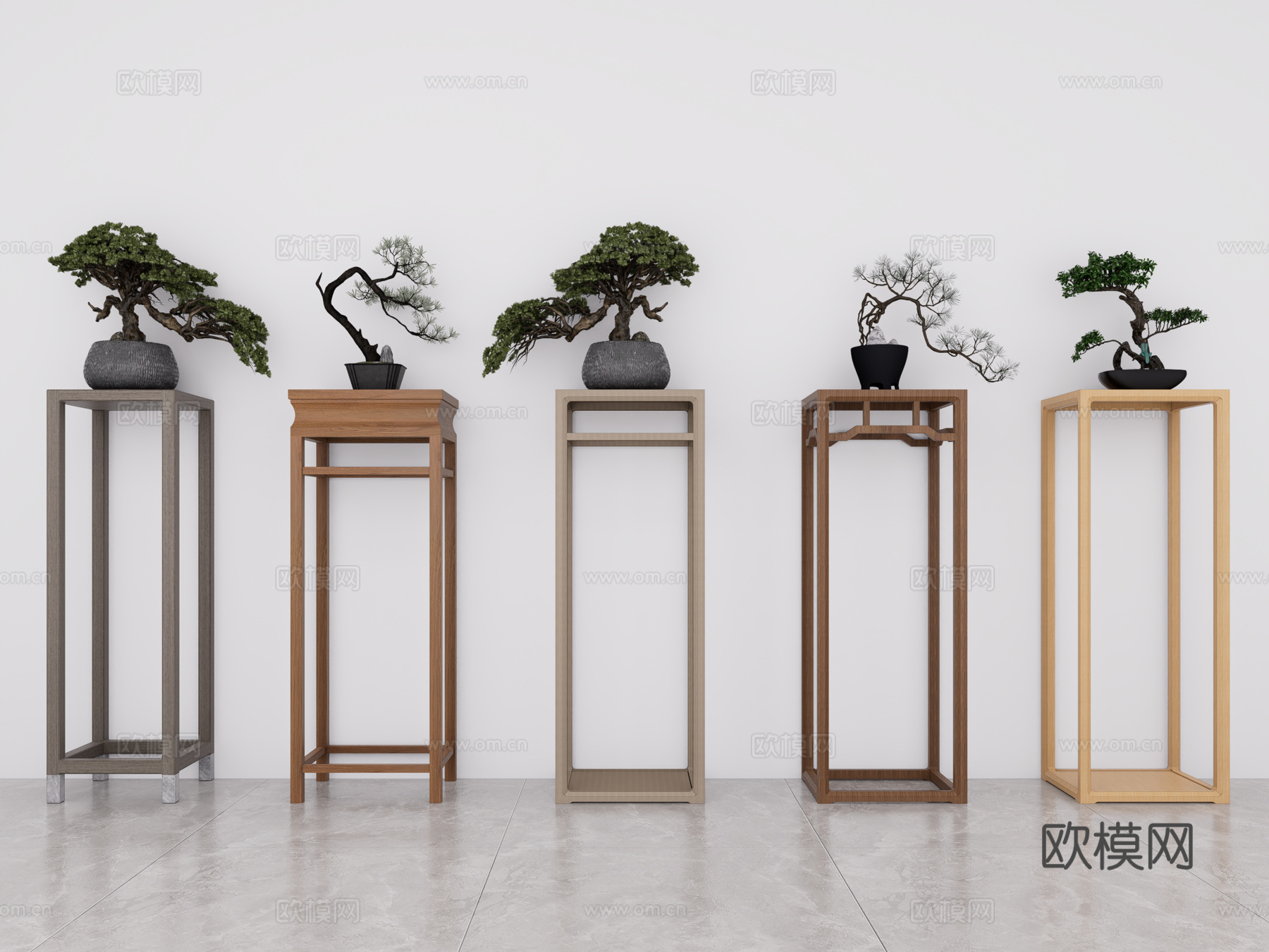 新中式花几花架 新中式植物盘栽 盘栽盘景绿植 实木花架 花几su模型