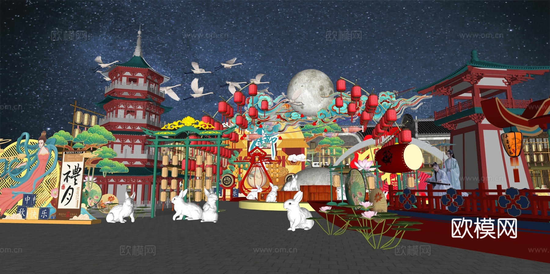网红打卡国潮古风非遗文化中秋节su模型下载（渲染图2）