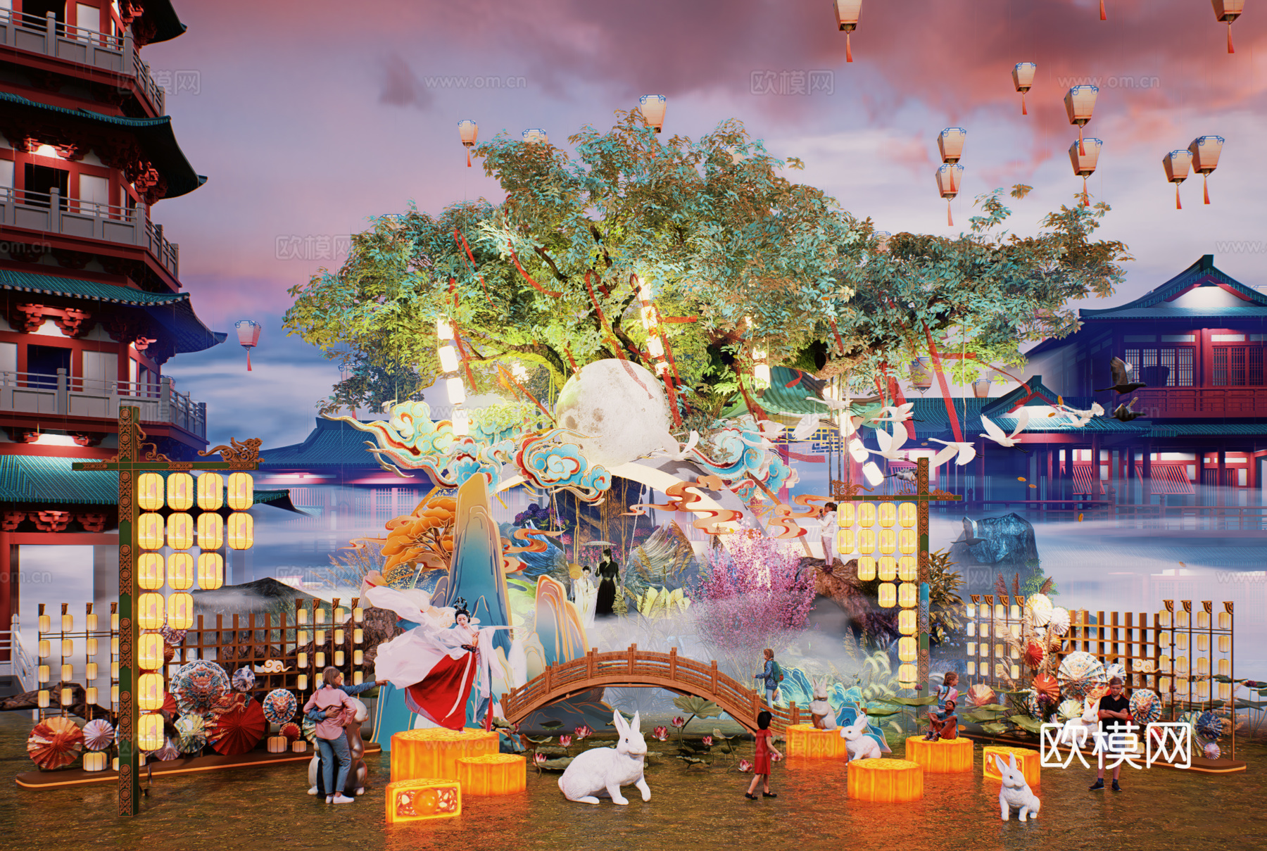 网红打卡国潮古风非遗文化中秋节su模型