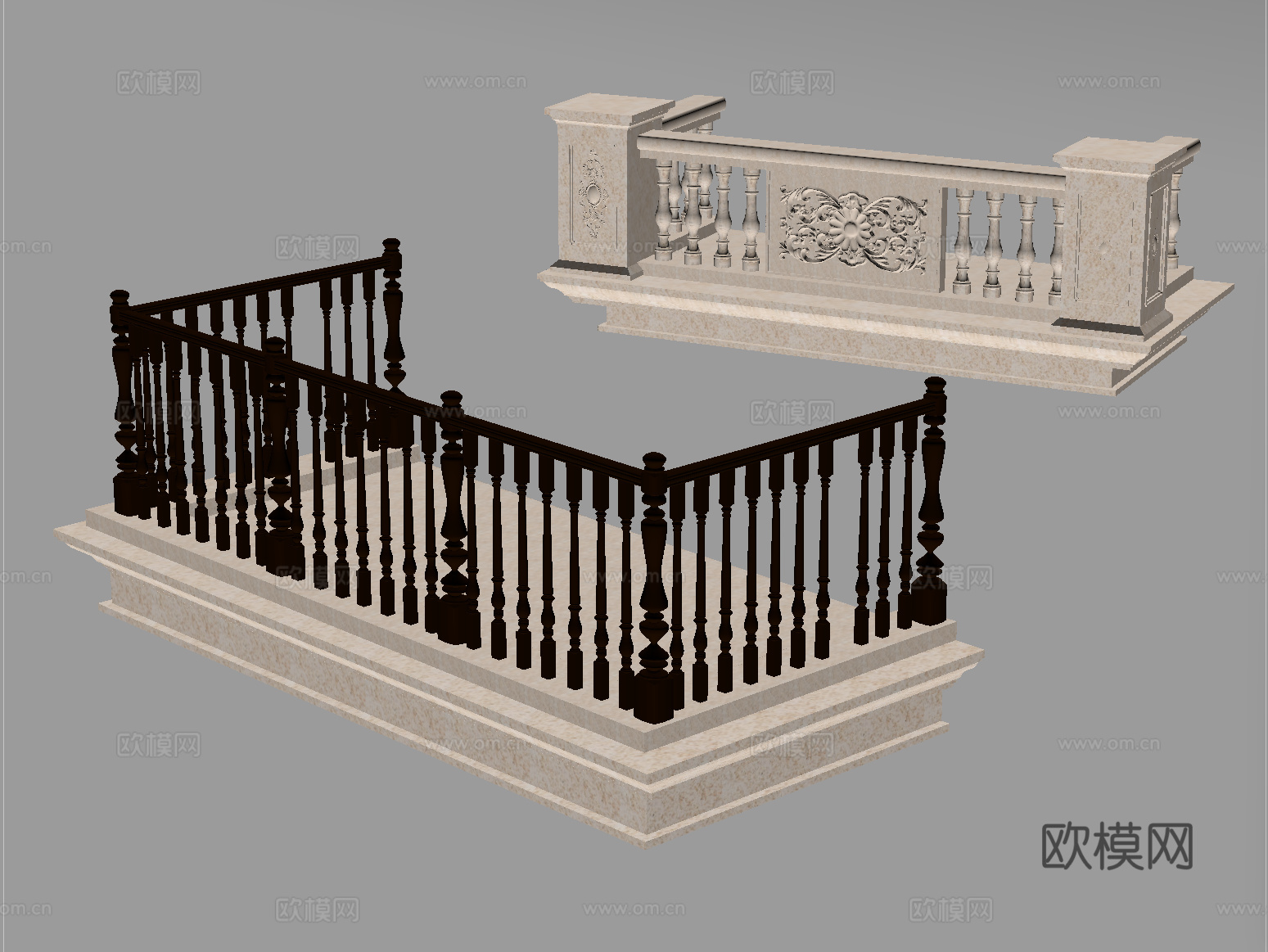 欧式宝瓶柱栏杆 铁艺栏杆 围栏 阳台护栏su模型