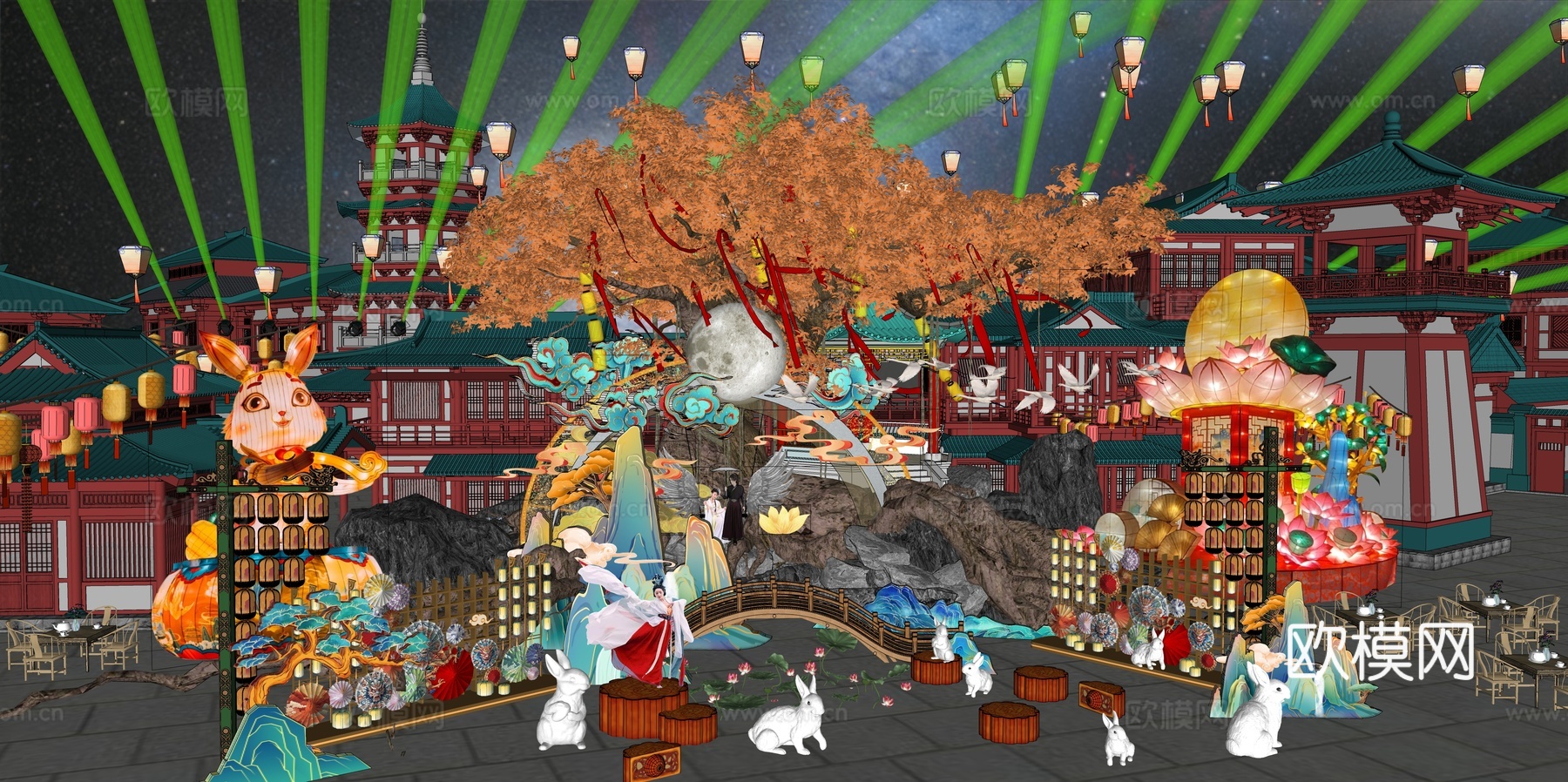 网红打卡国潮古风非遗文化中秋节su模型