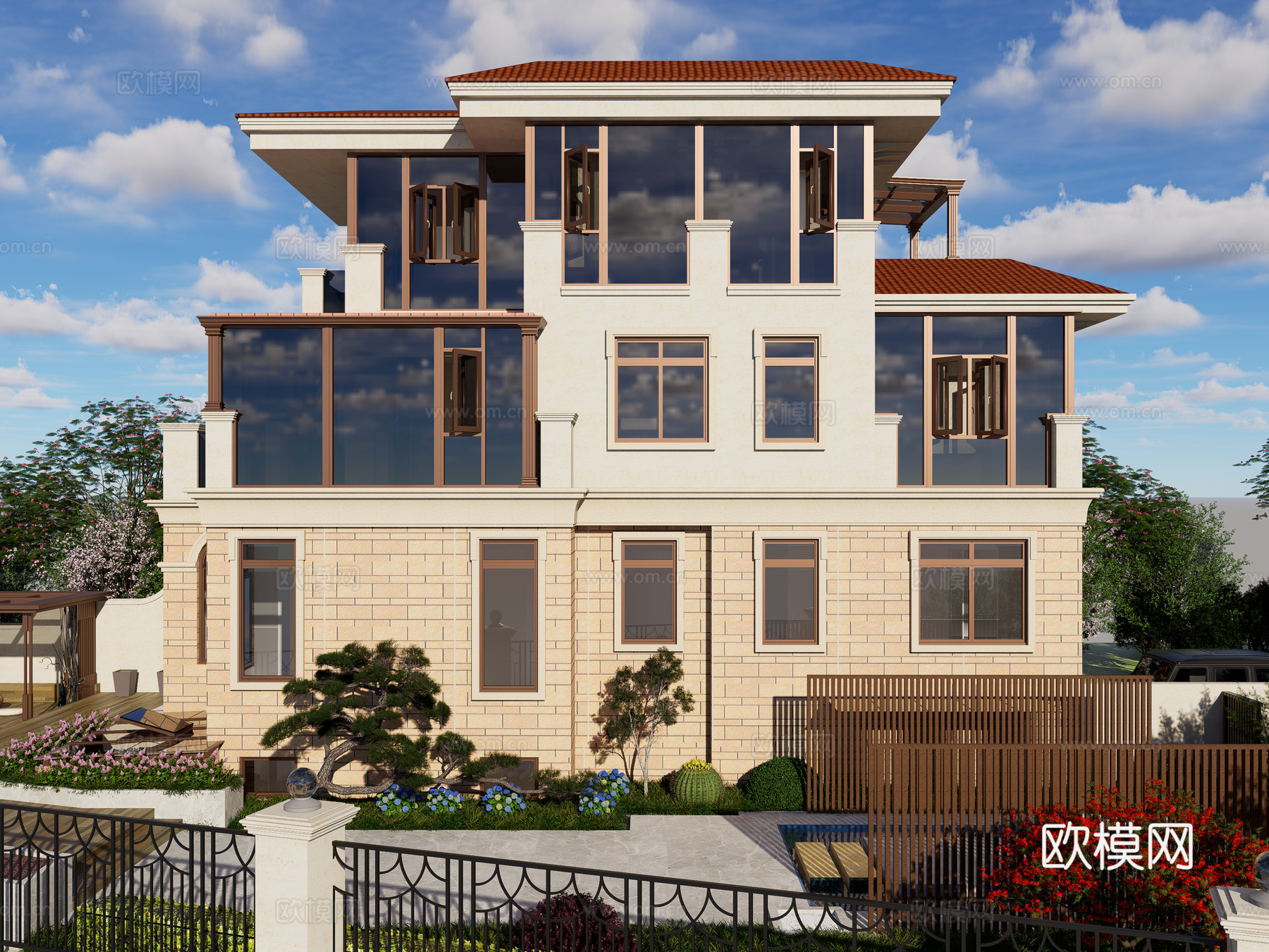 现代独栋别墅外观 三层独栋别墅 现代自建别墅 庭院景观别墅su模型