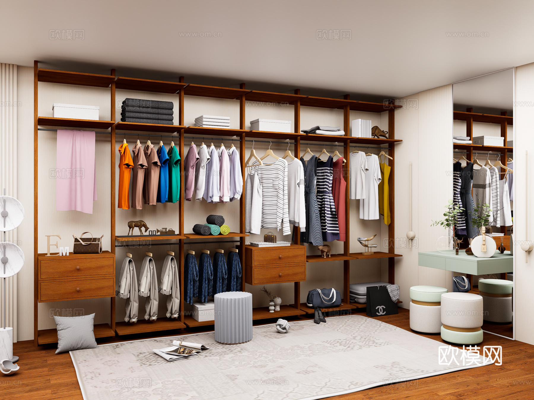 现代简约风格衣柜 原木开放式衣帽间 步入式衣帽间su模型