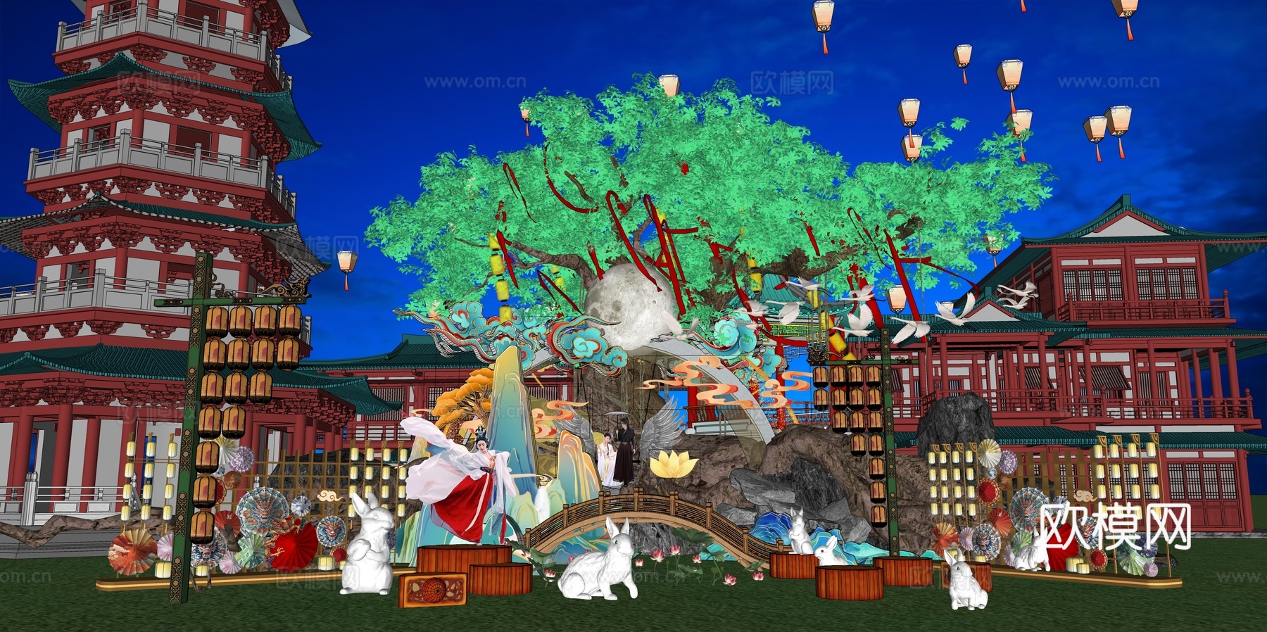 网红打卡国潮古风非遗文化中秋节su模型