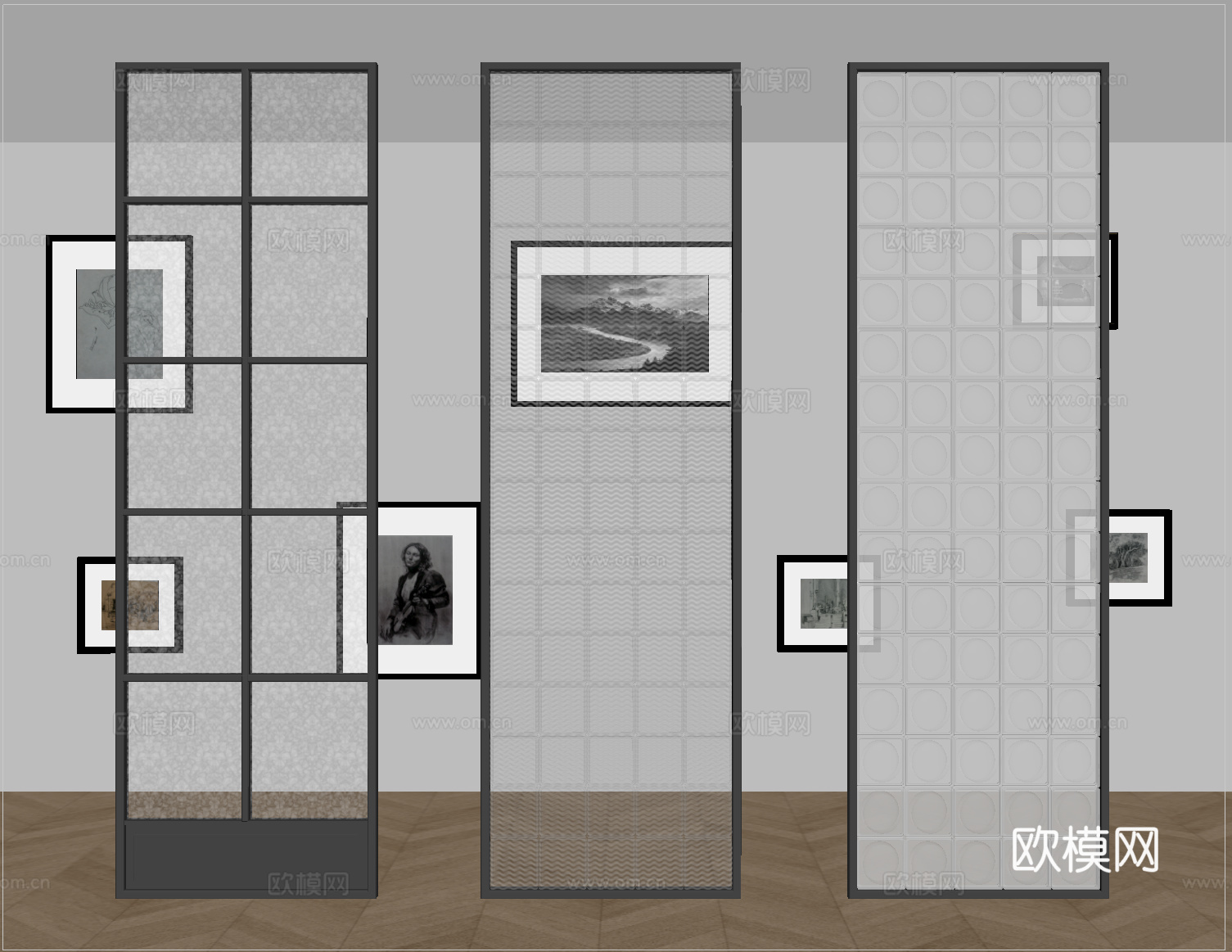 法式玻璃隔断 玄关隔断 长虹玻璃 压花玻璃su模型