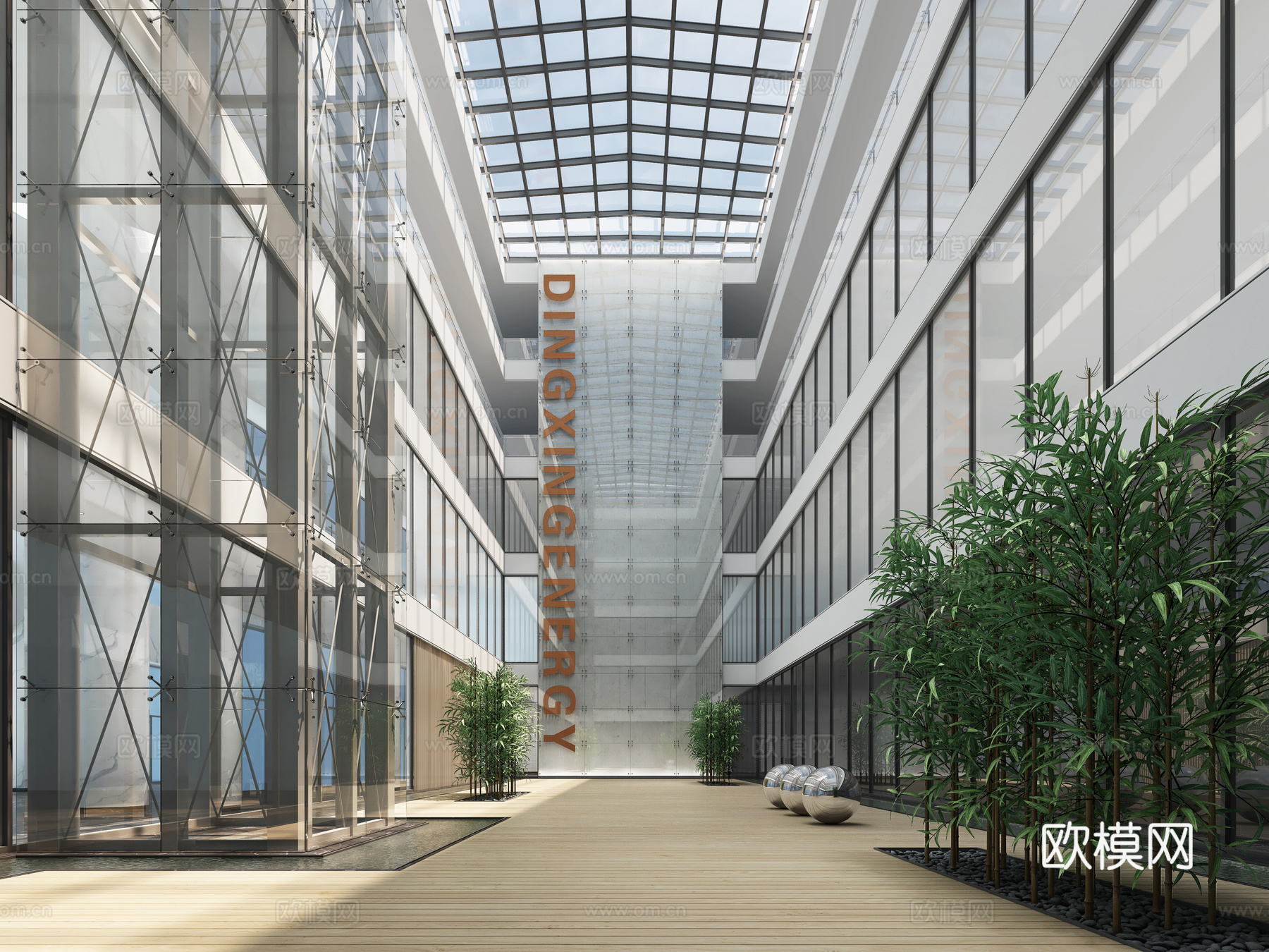 现代中庭 办公 观光电梯 竹子 金属球大厅 接待3d模型下载（渲染图1）