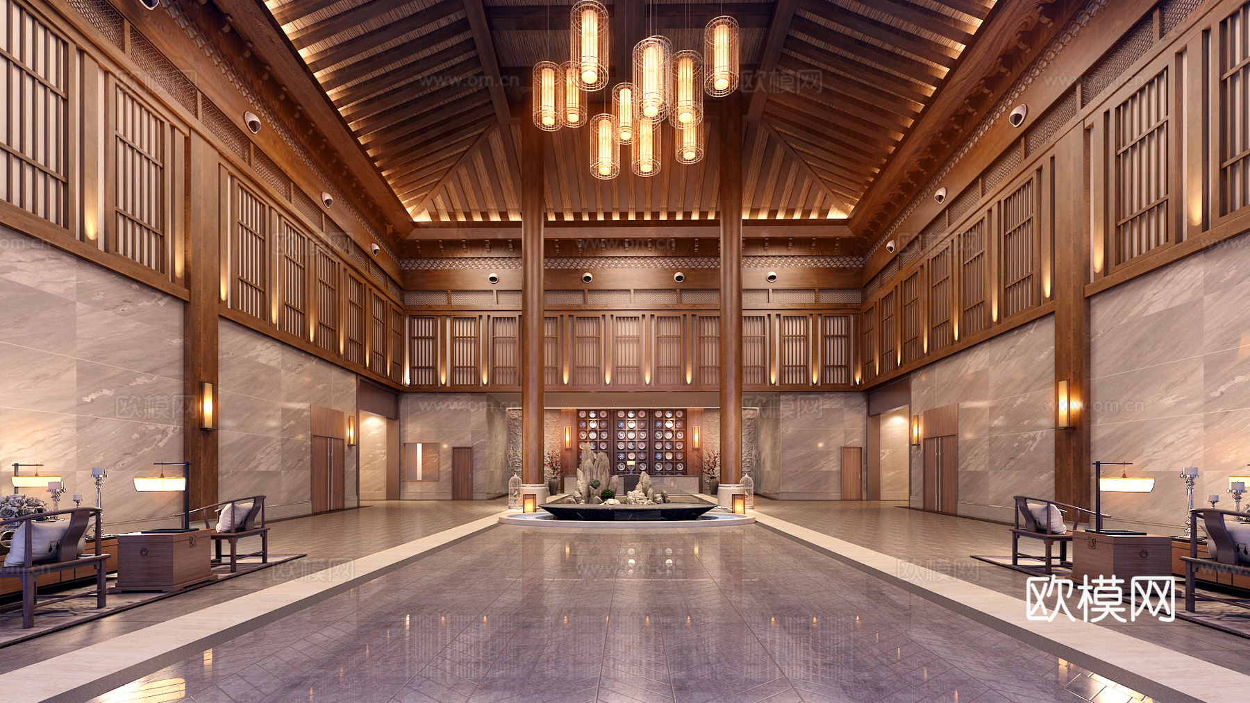 新中式民宿风接待大堂挑空大堂3d模型下载
