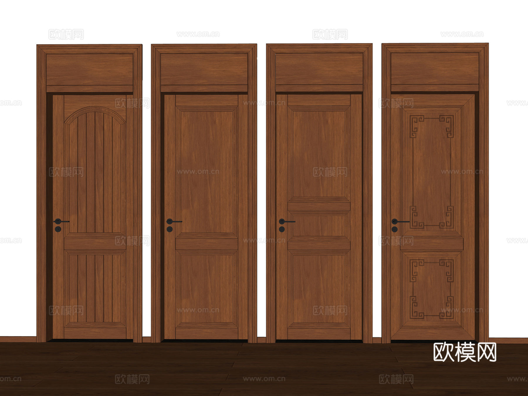 新中式房门组合 单开门 卧室门 实木门 室内门 门楣 门头板su模型