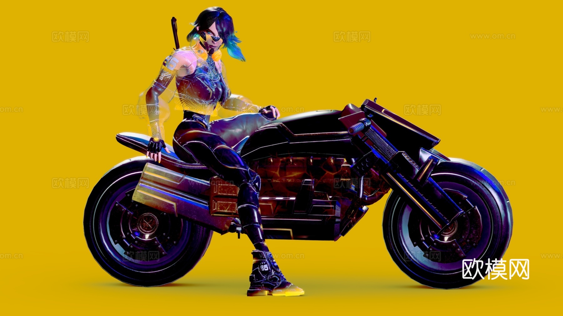 未来感摩托车 炫酷摩托骑手 摩托 赛博朋克装扮3d模型下载（渲染图1）