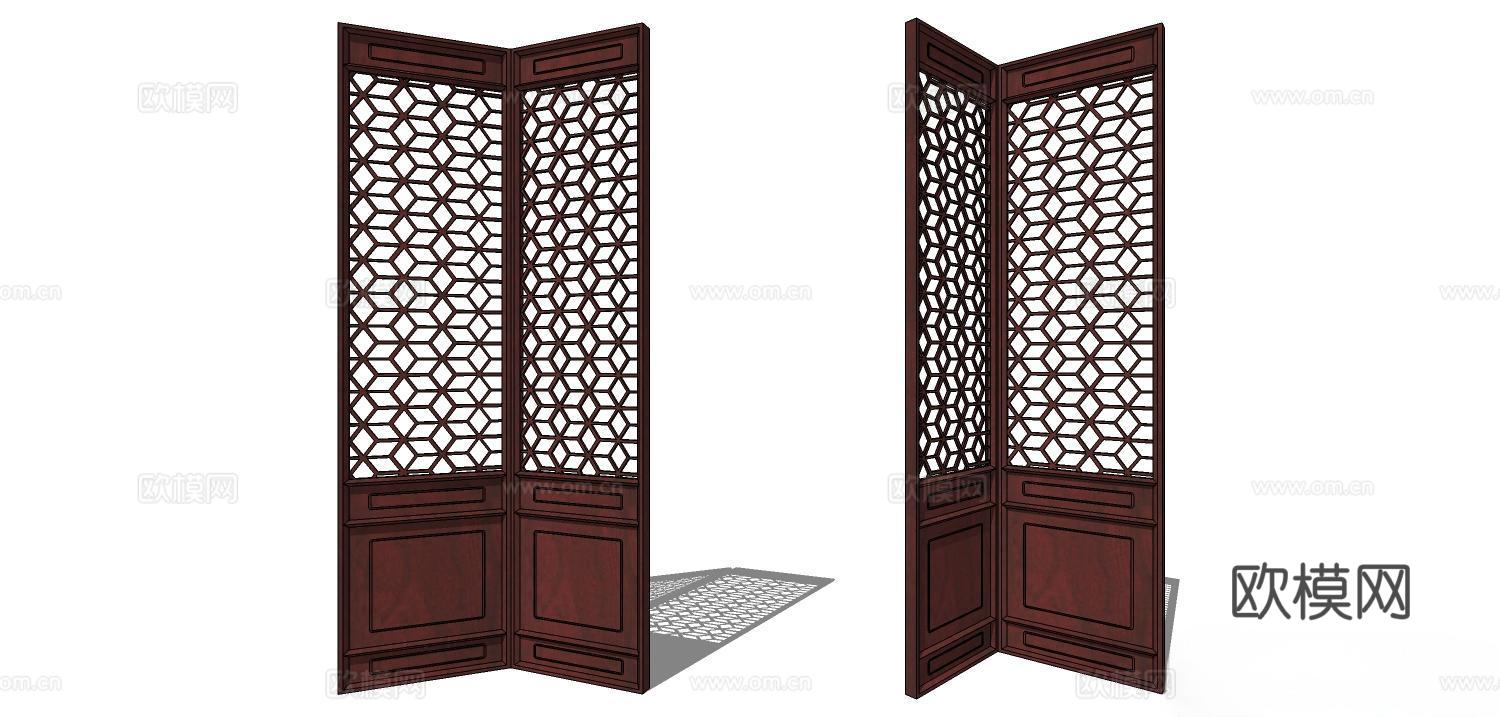 屏风，实木屏风 新中式屏风 隔断屏风su模型