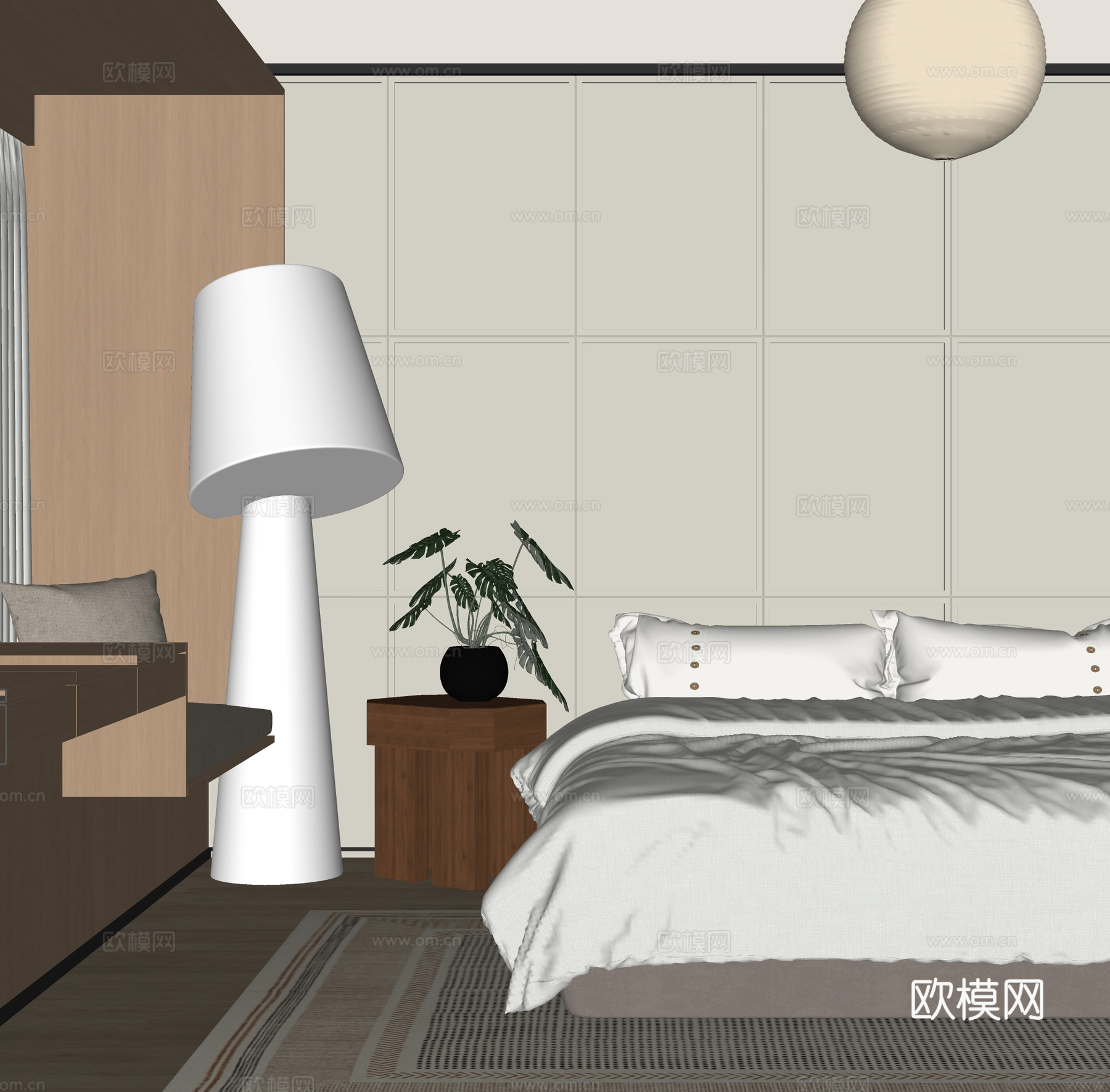 现代卧室 双人床 落地灯 地毯su模型