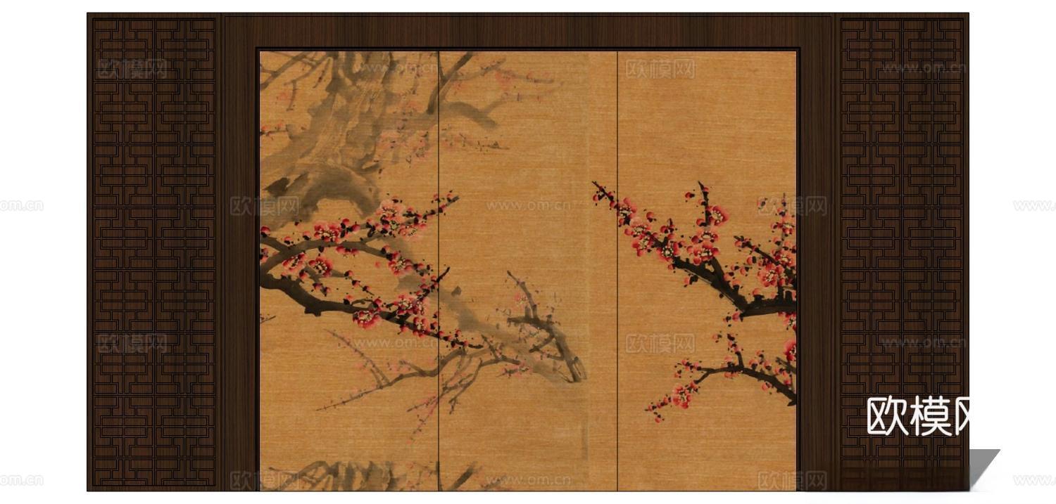 屏风，实木屏风 新中式屏风 隔断屏风su模型