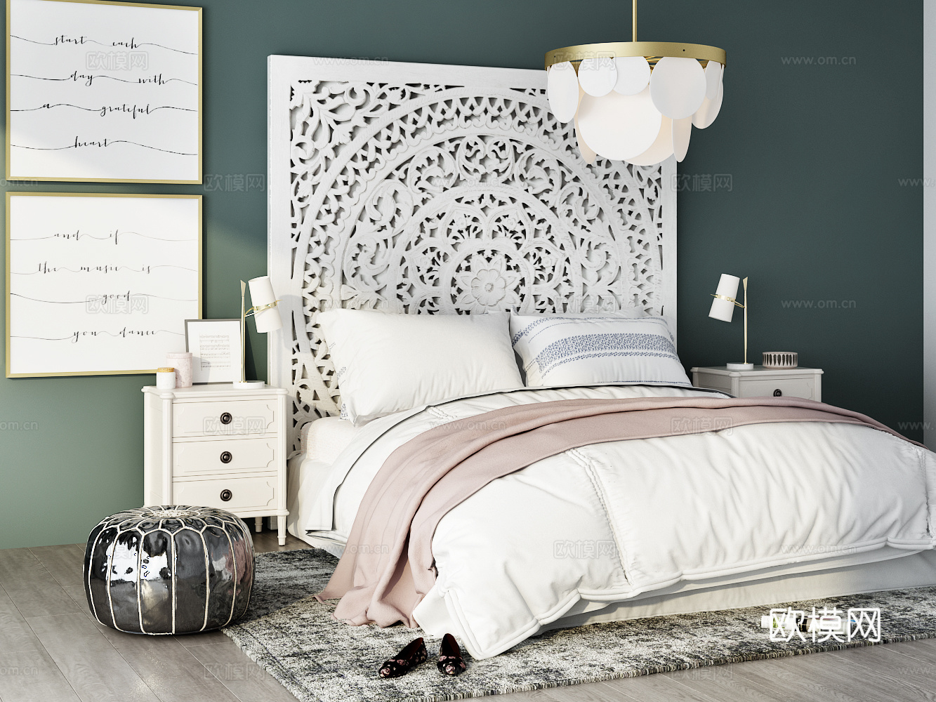 美式卧室组合 装饰画灯具3d模型下载（渲染图2）