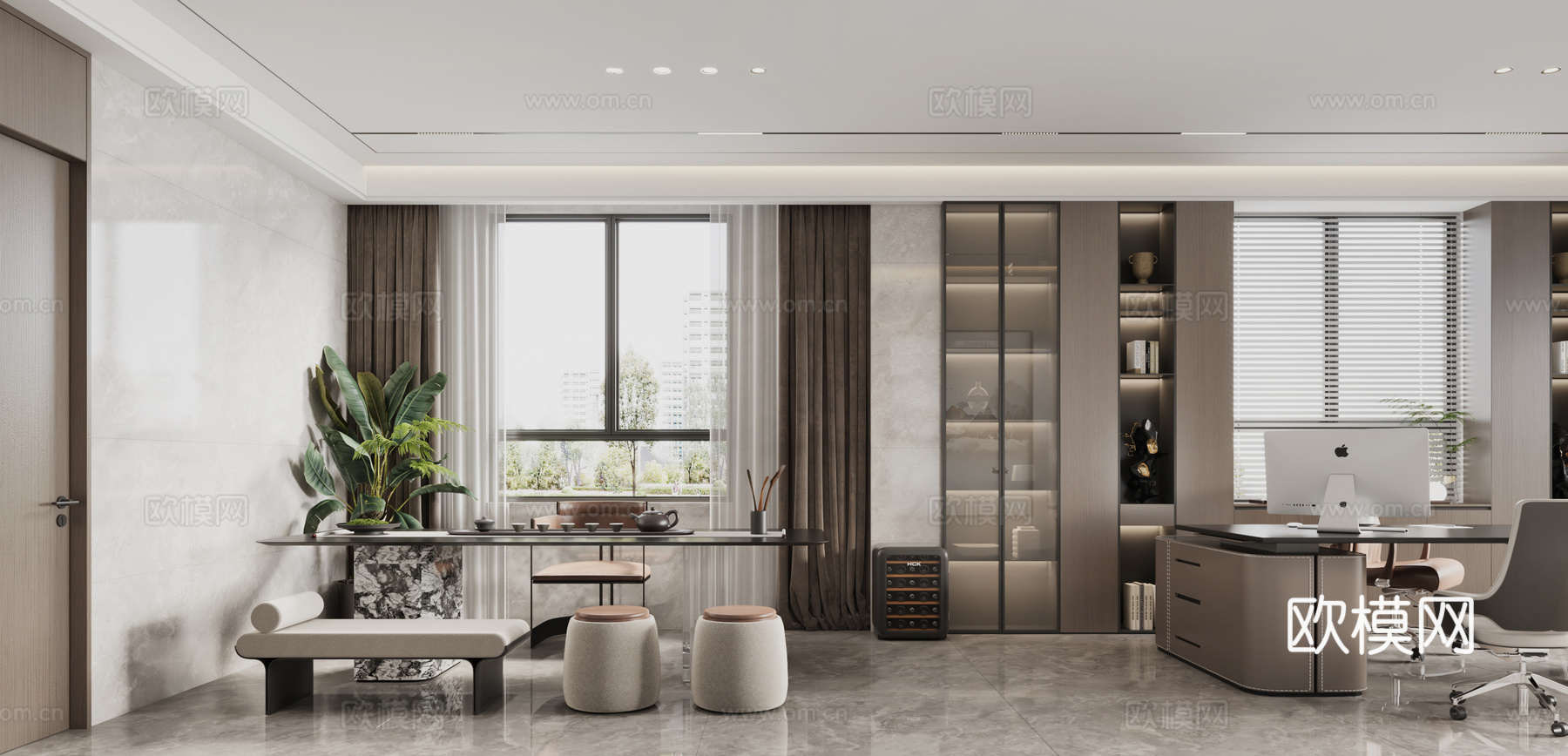 意式董事长办公室 意式总经理办公室  意式茶桌 意式办公桌3d模型下载（渲染图2）