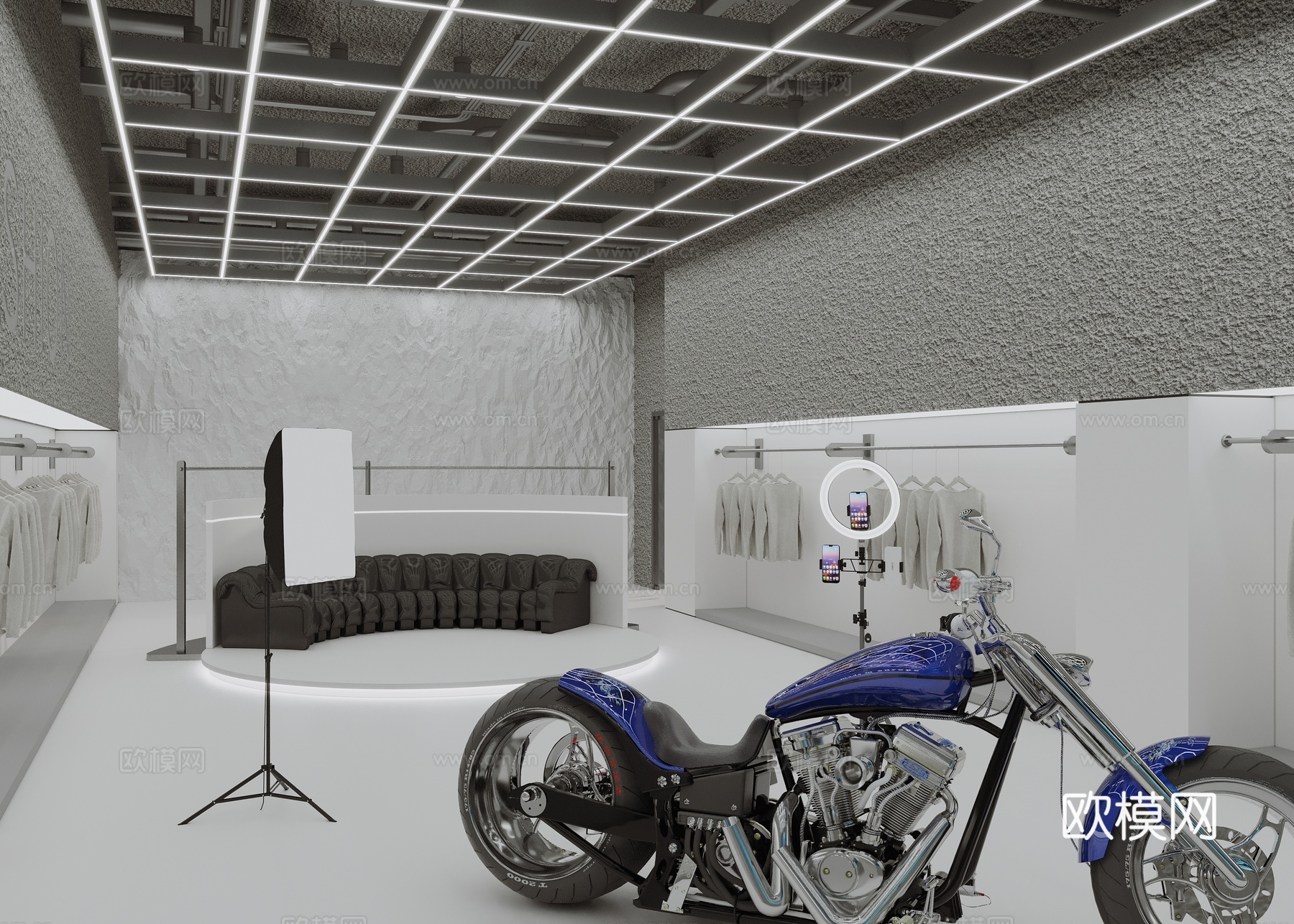 工业风服装店直播间 服装店展厅 艺术漆肌理漆墙面 直播设备su模型