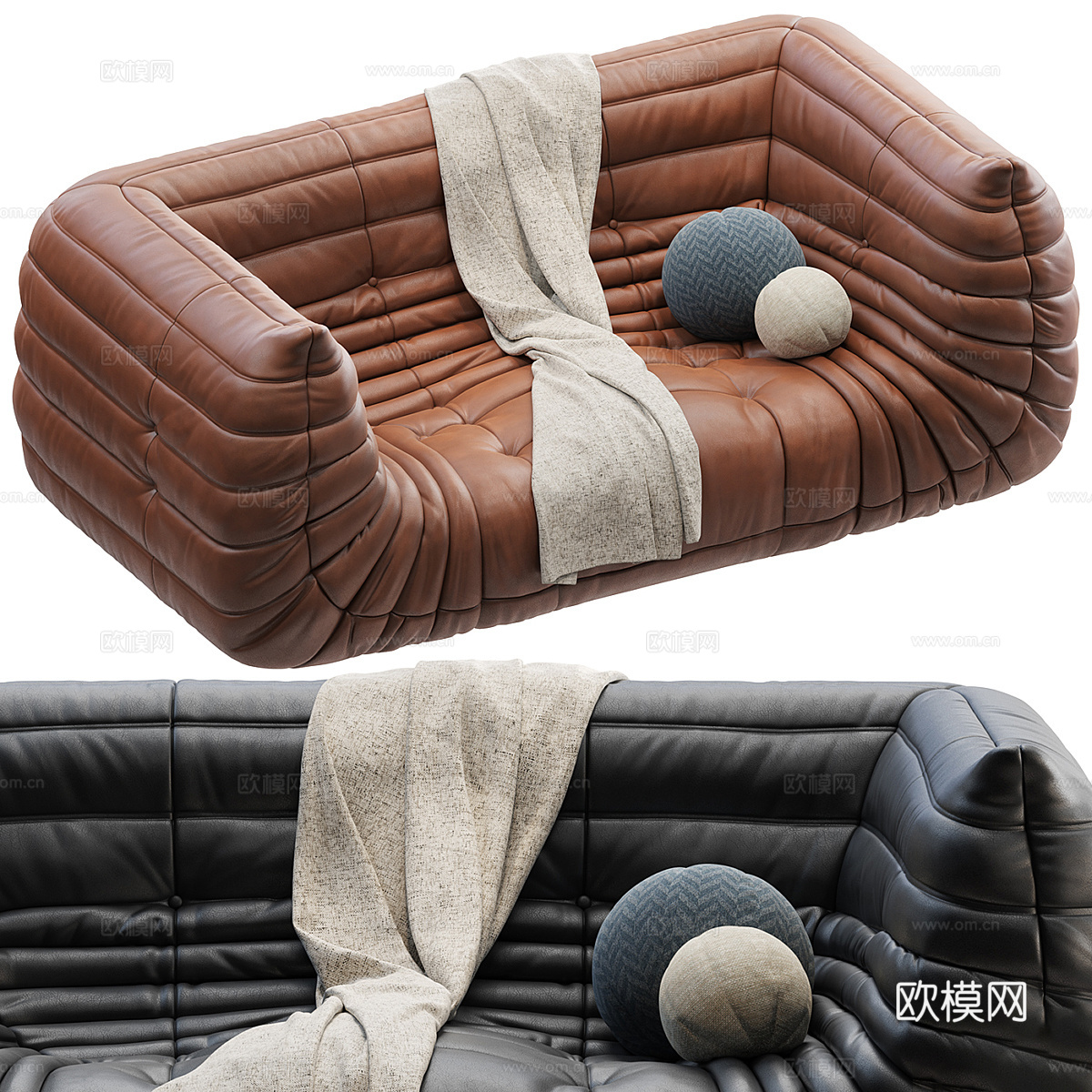 现代意式  Ligne Roset 布艺皮革休闲沙发3d模型下载（渲染图2）