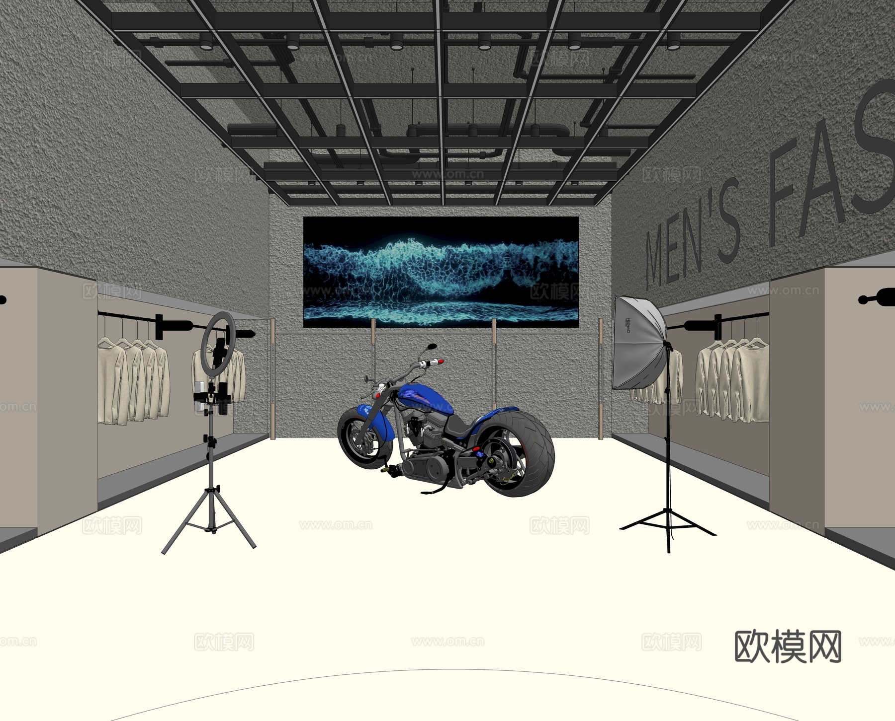 工业风服装店直播间 服装店展厅 艺术漆肌理漆墙面 直播设备su模型