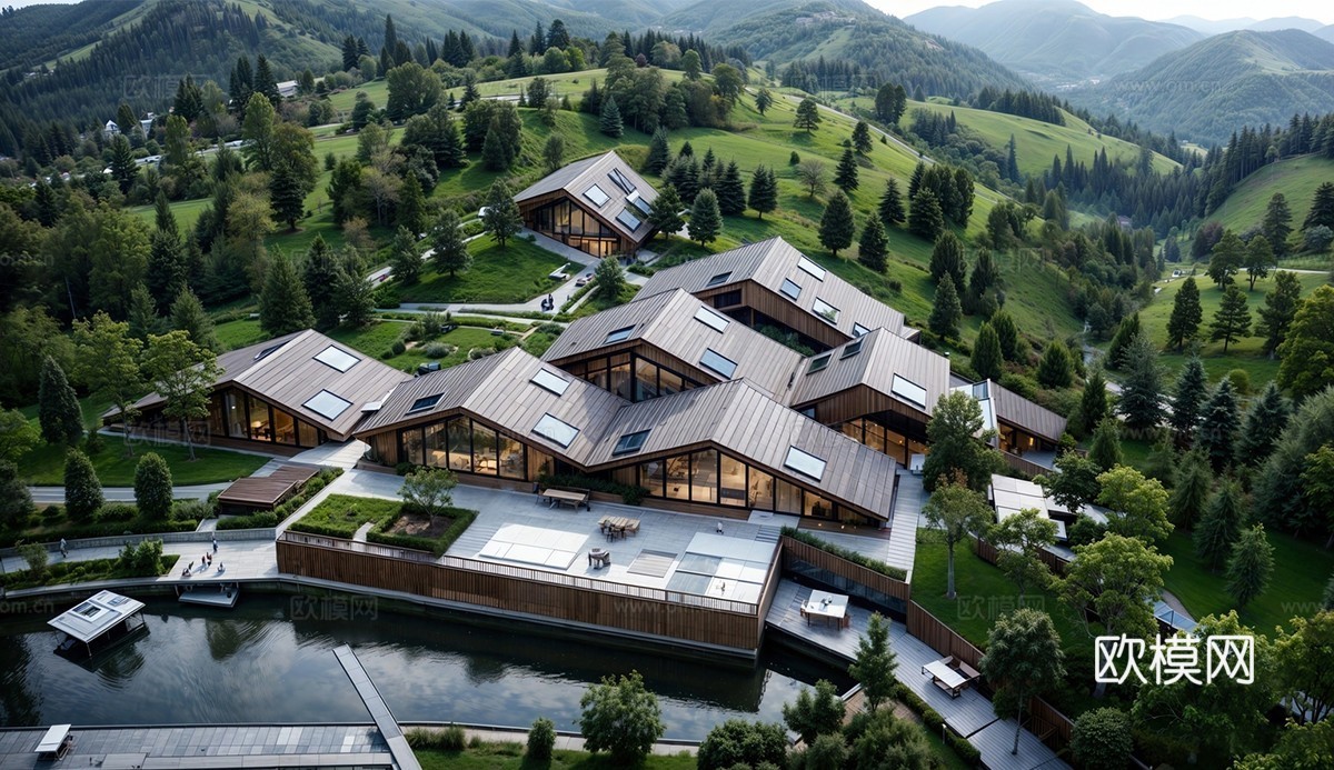 现代山地度假酒店 野奢坡屋顶木屋 酒店建筑  酒店民宿su模型