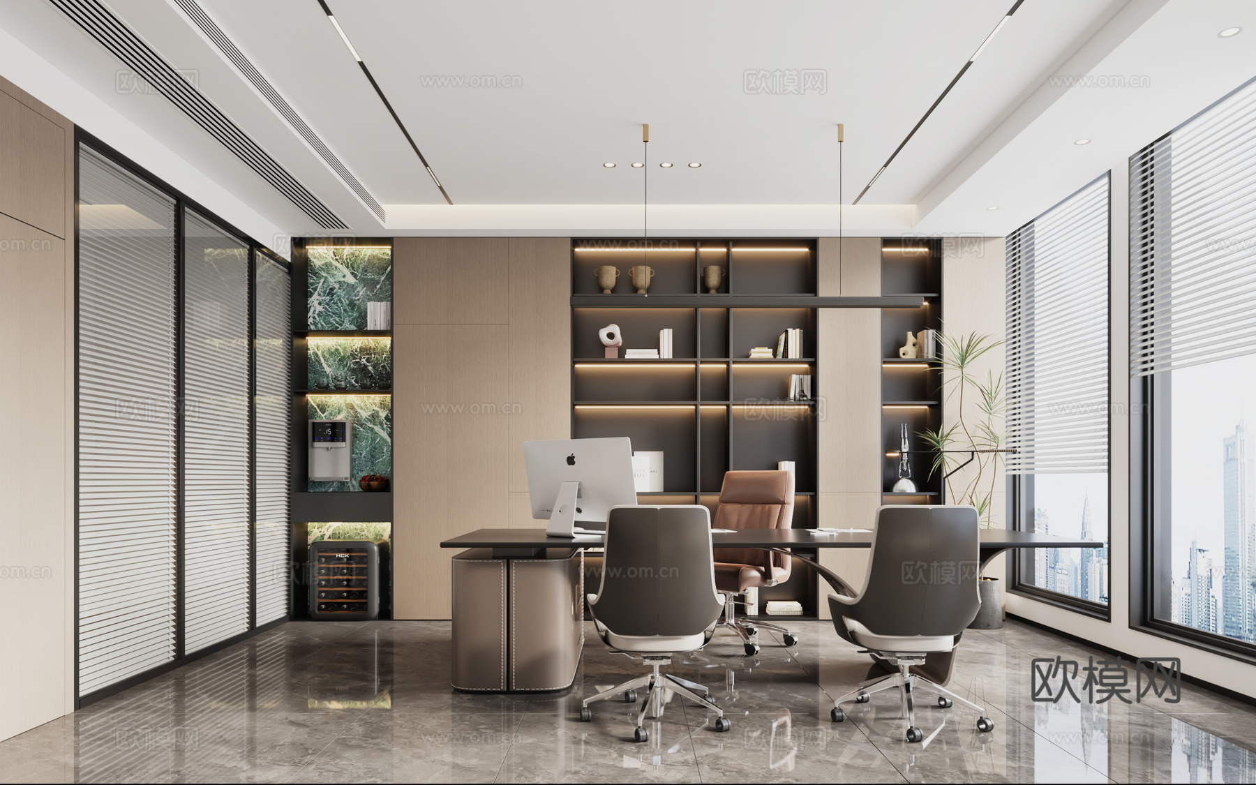 意式董事长办公室 意式总经理办公室  意式茶桌 意式办公桌3d模型下载（渲染图1）