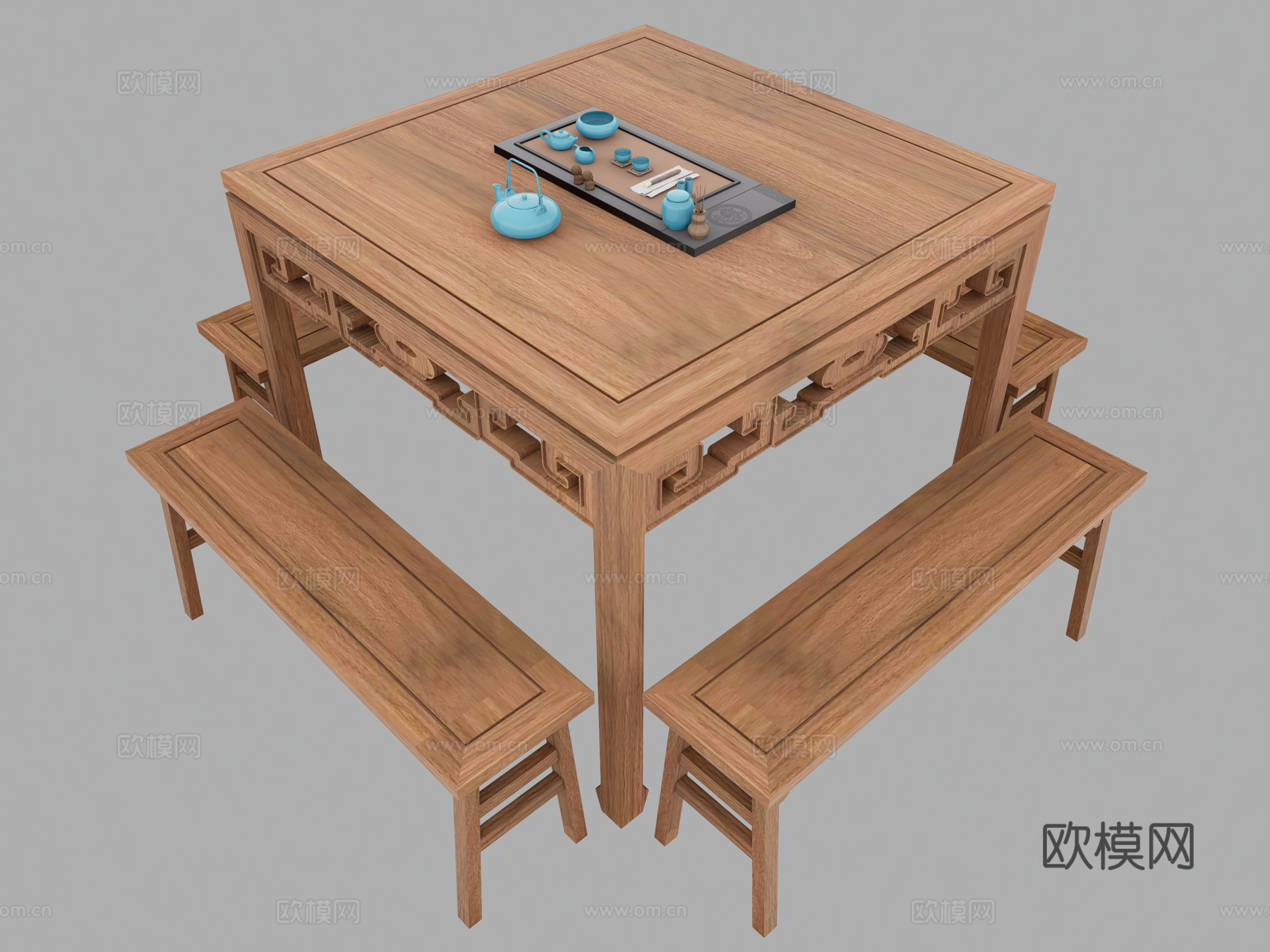中式八仙桌 茶桌椅 条凳 餐桌椅 茶具组合su模型