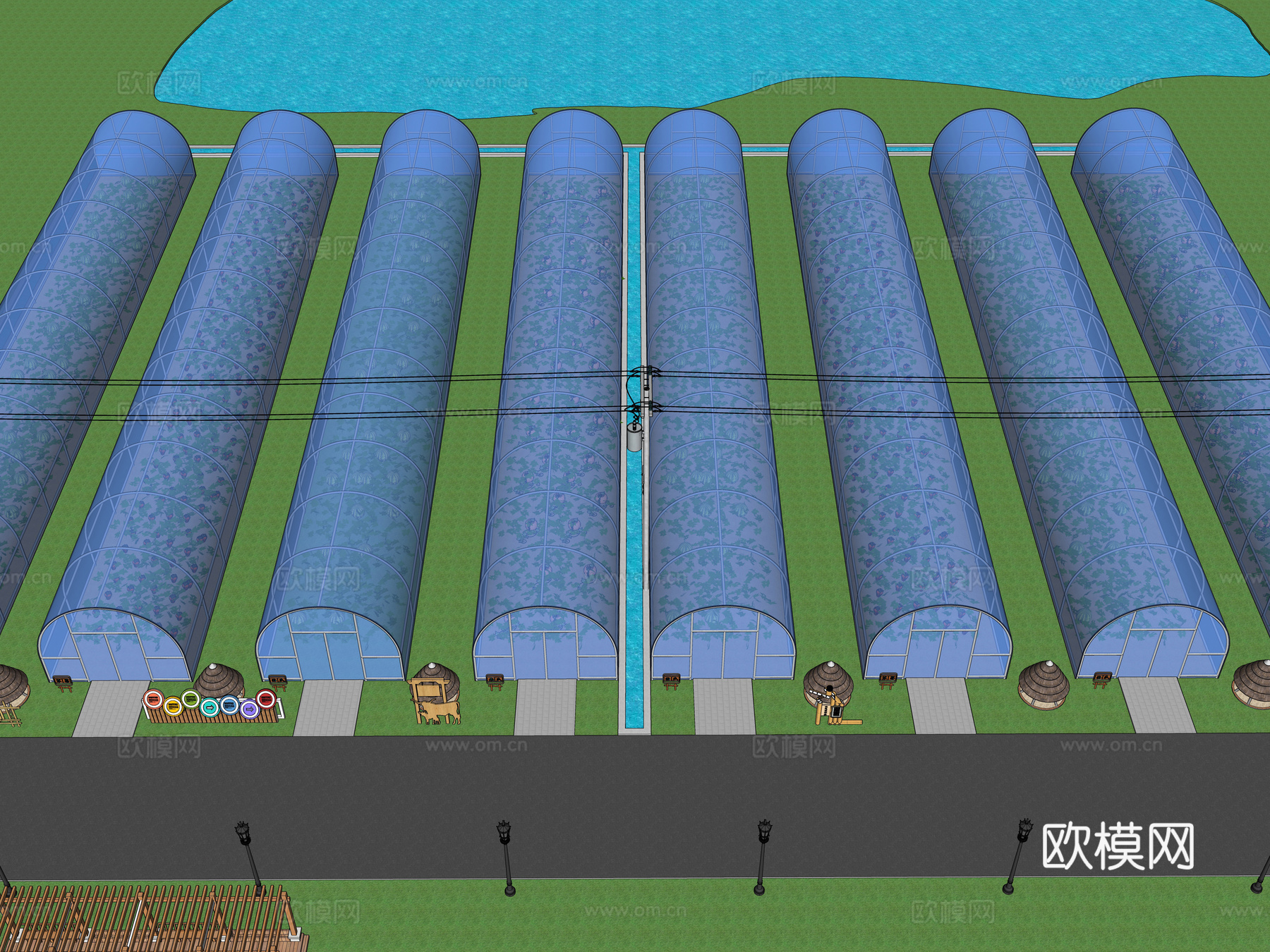现代农业大棚 种植基地 温室大棚基地 生态园 采摘园su模型