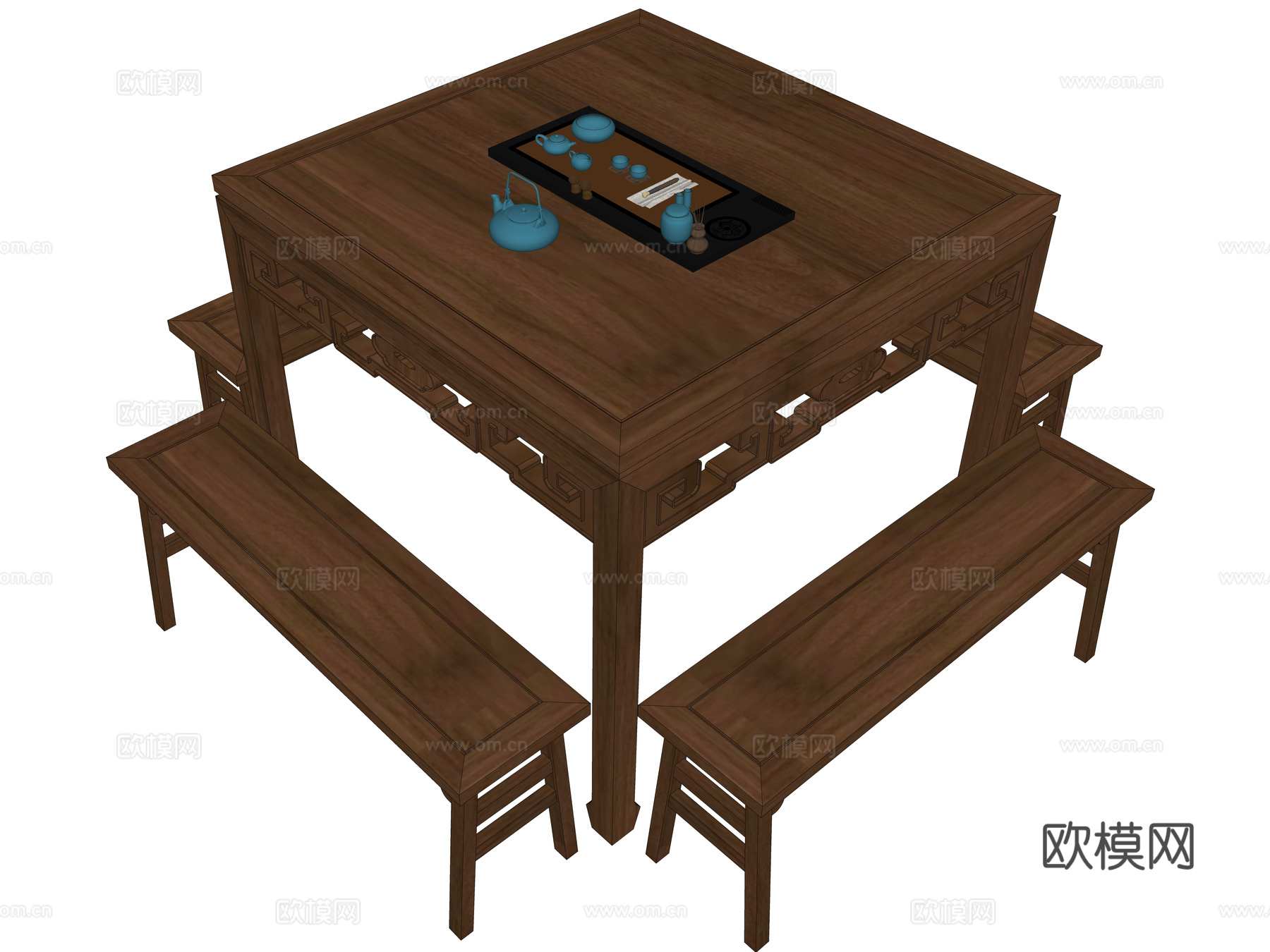 中式八仙桌 茶桌椅 条凳 餐桌椅 茶具组合su模型