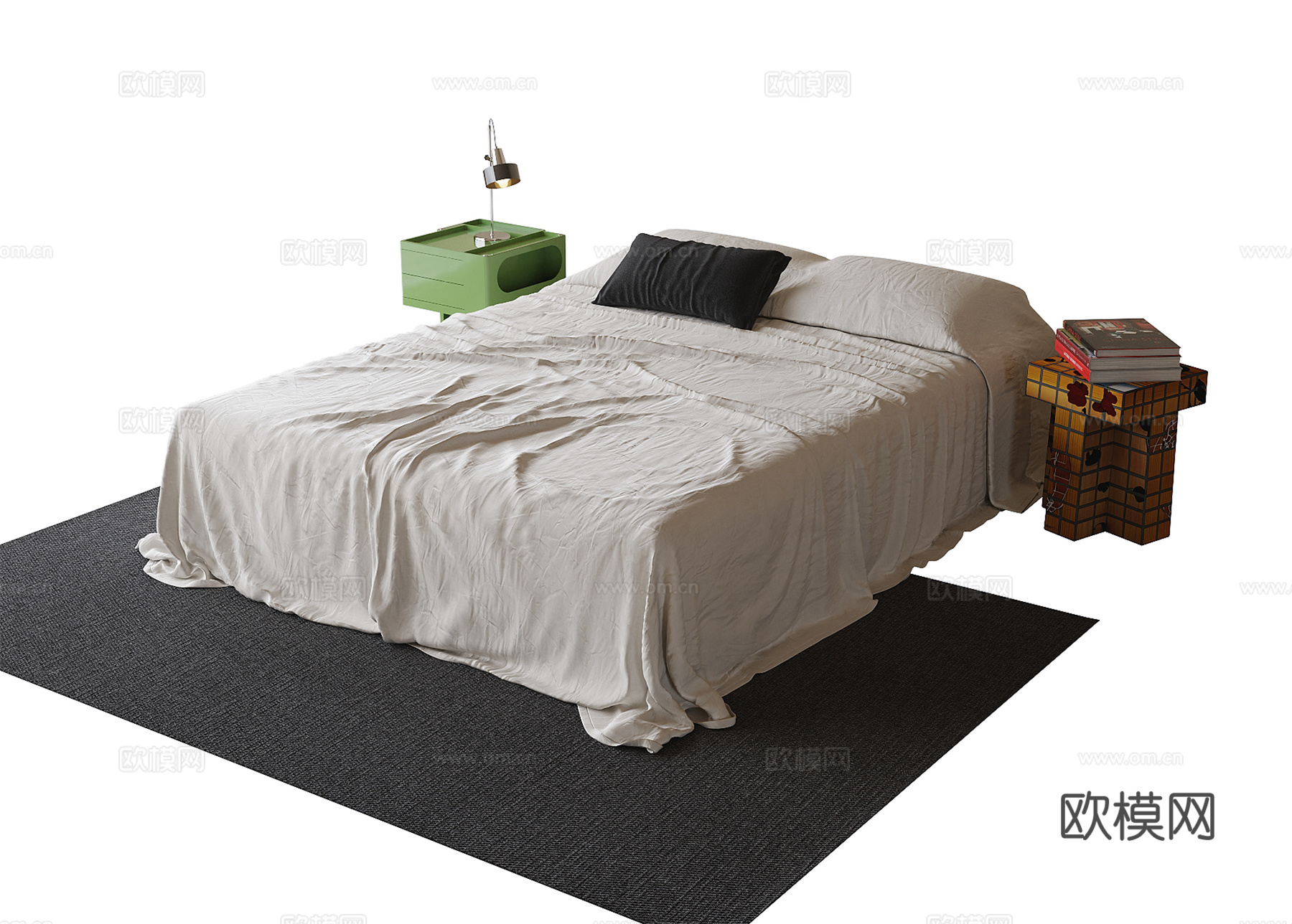 现代无靠背床 双人床 地毯 床头柜su模型