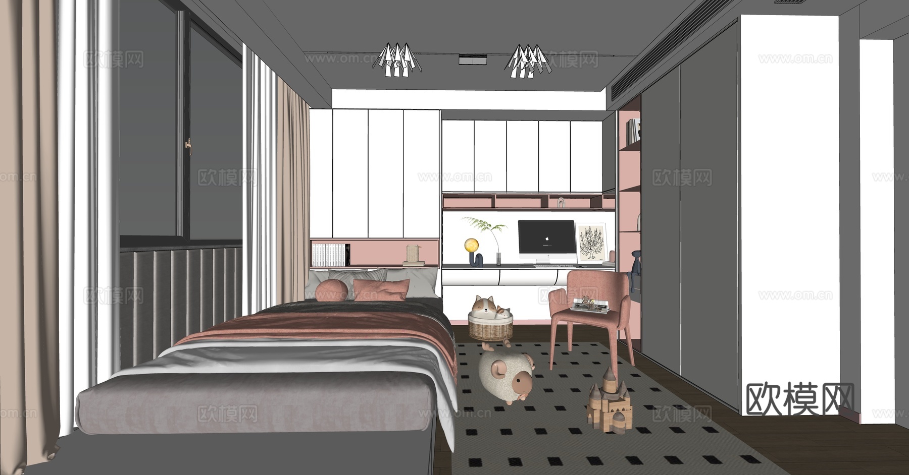 现代榻榻米卧室  女孩房su模型