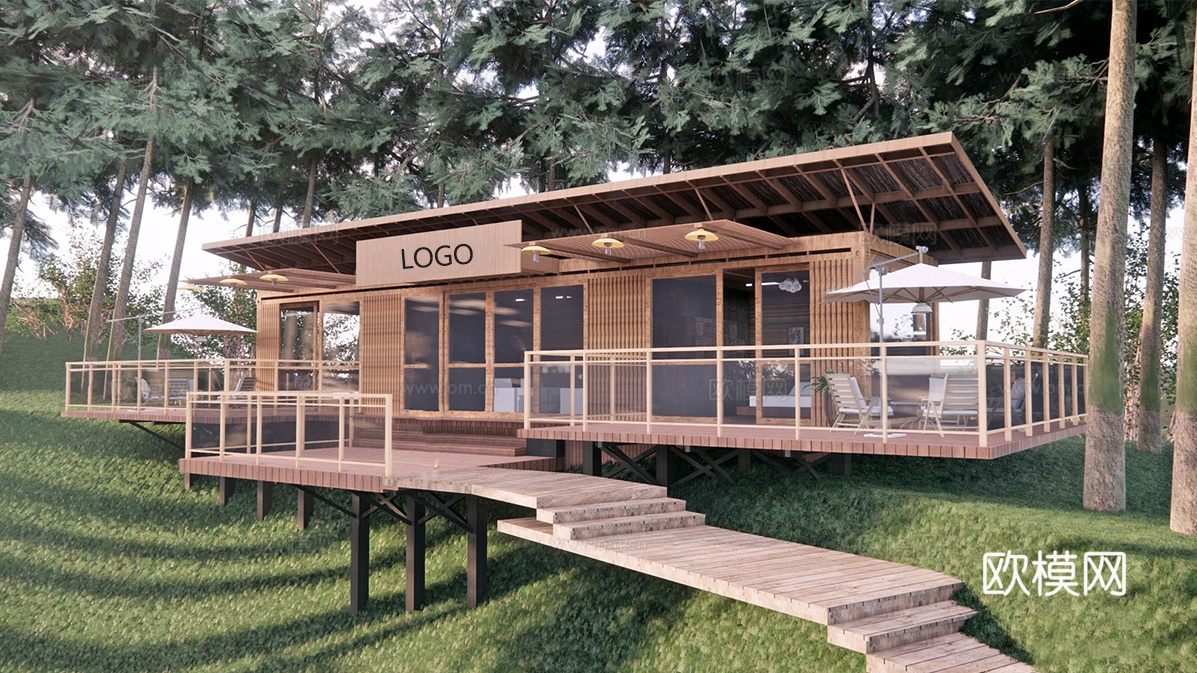 现代度假木屋 民宿建筑 木屋su模型