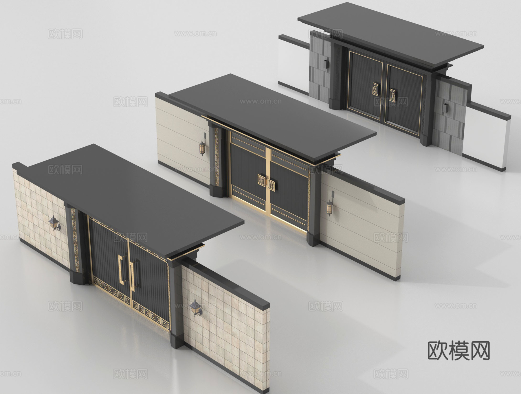 新中式大门 别墅庭院门 户外大门 庭院铁艺大门su模型