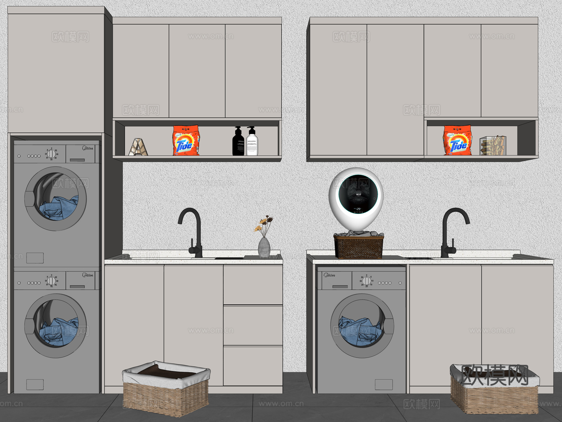 现代洗衣机柜 洗手台陶瓷洗衣池 洗衣池 阳台柜 洗衣机su模型