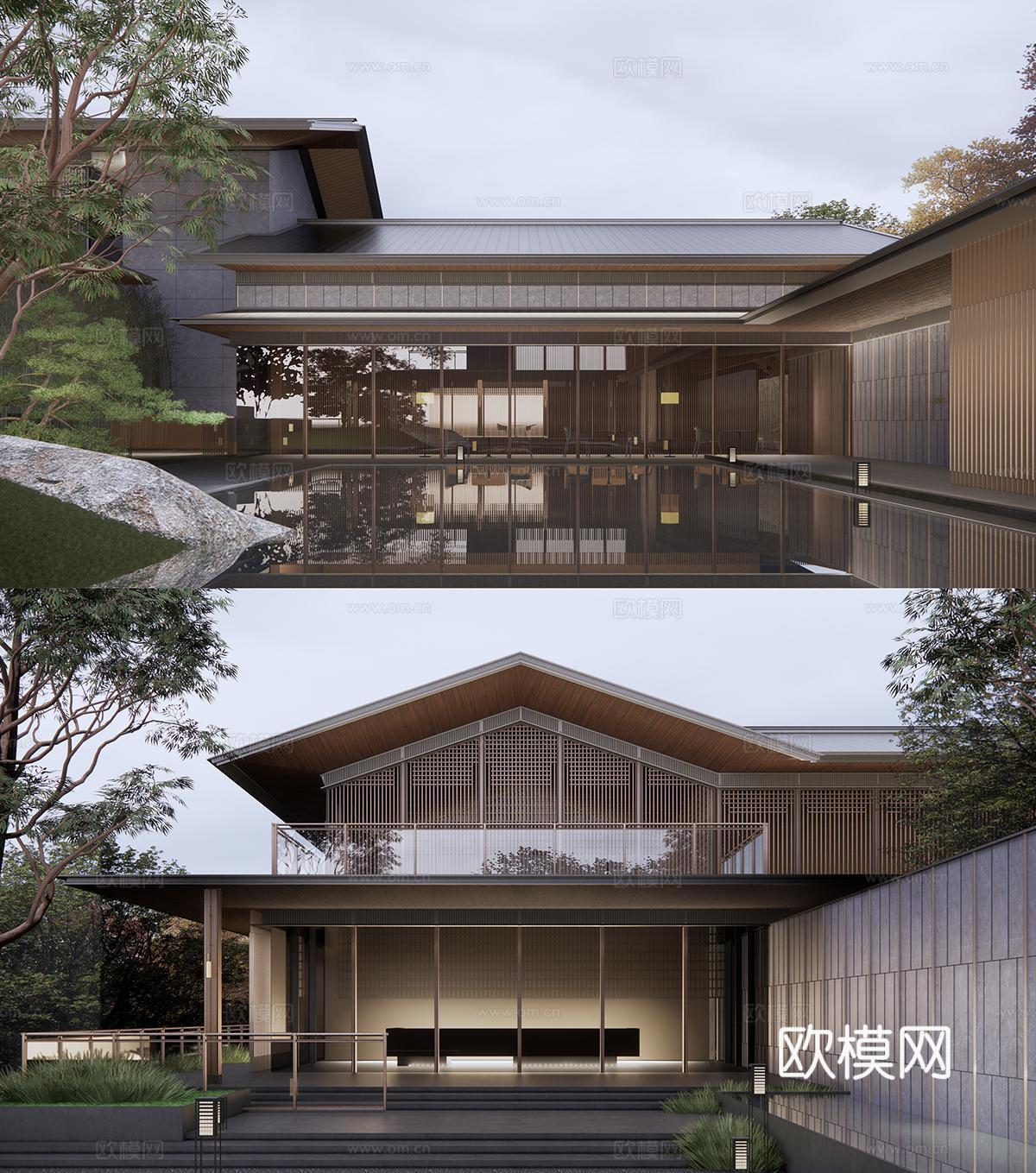 新中式民宿 建筑 酒店民宿 木制 斜顶su模型