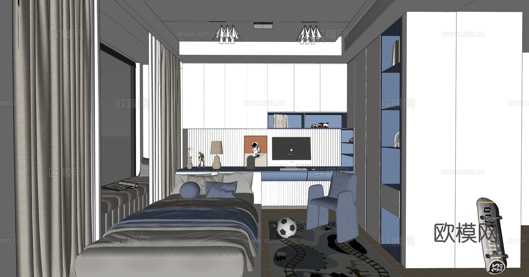 榻榻米卧室  男孩房su模型