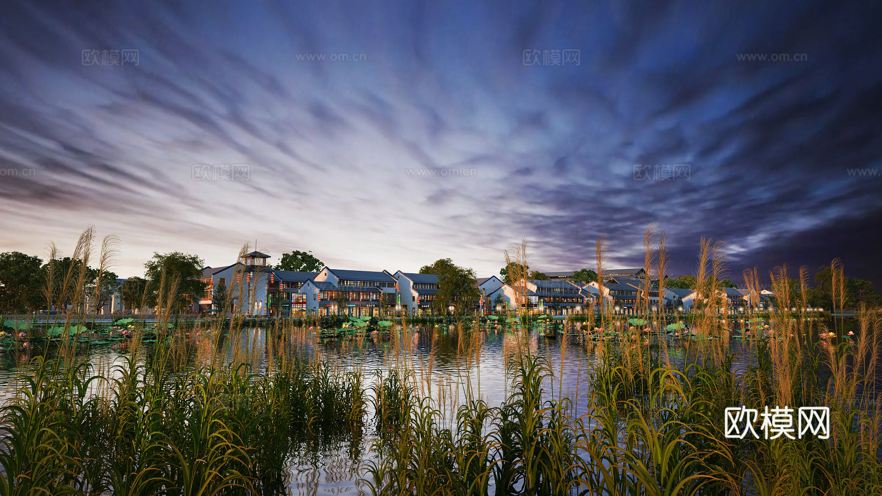 中式别墅 景观 芦苇 水岸 水榭 夜景 商业街 荷花池3d模型下载