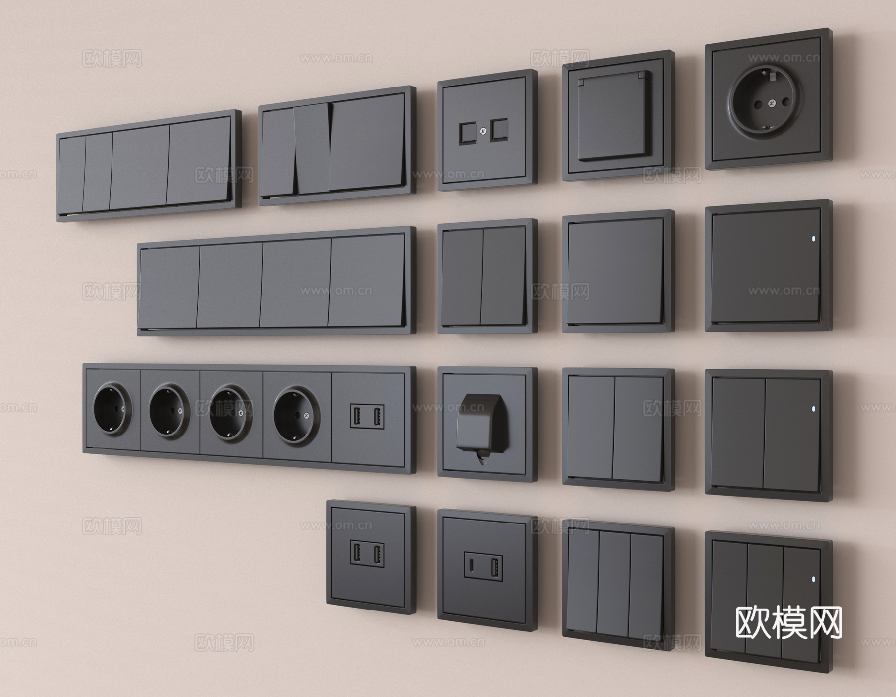 现代开关 插座组合 控制面板su模型